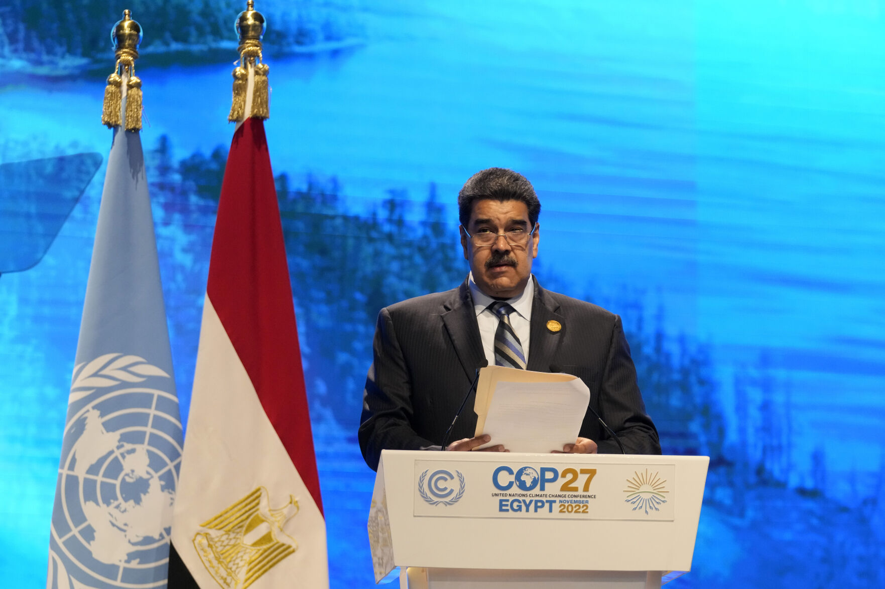 <p>Nicolas Maduro, president of Venezuela, speaks at the COP27 U.N. Climate Summit, Tuesday, Nov. 8, 2022, in Sharm el-Sheikh, Egypt. (AP Photo/Peter Dejong)</p>   PHOTO CREDIT: Peter Dejong - staff, AP