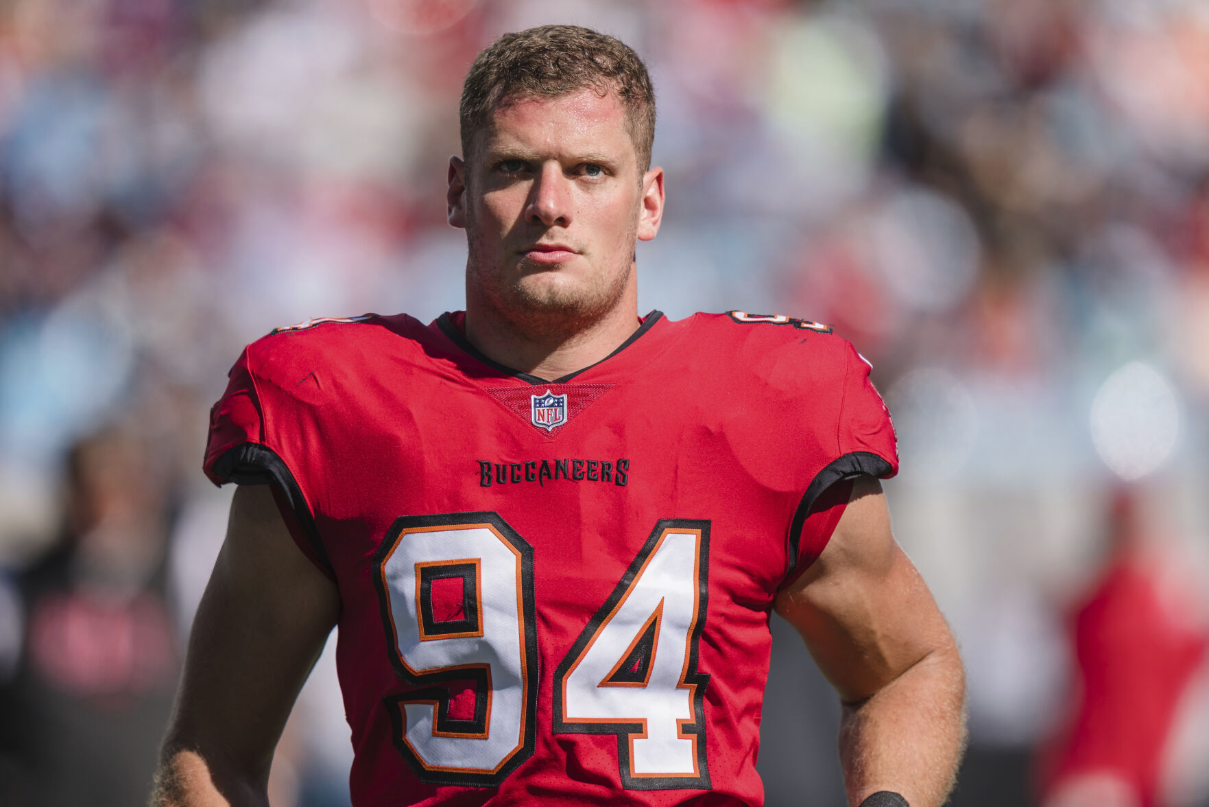 <p>File - Tampa Bay Buccaneers linebacker Carl Nassib looks on during an NFL football game against the Carolina Panthers Sunday, Oct. 23, 2022, in Charlotte, N.C. Nassib dreamed of a different kind of social media app for years – one that celebrates positivity and community. With Rayze, a new app that links people to each other and to nonprofits, he may have it. (AP Photo/Jacob Kupferman, File)</p>   PHOTO CREDIT: Jacob Kupferman 