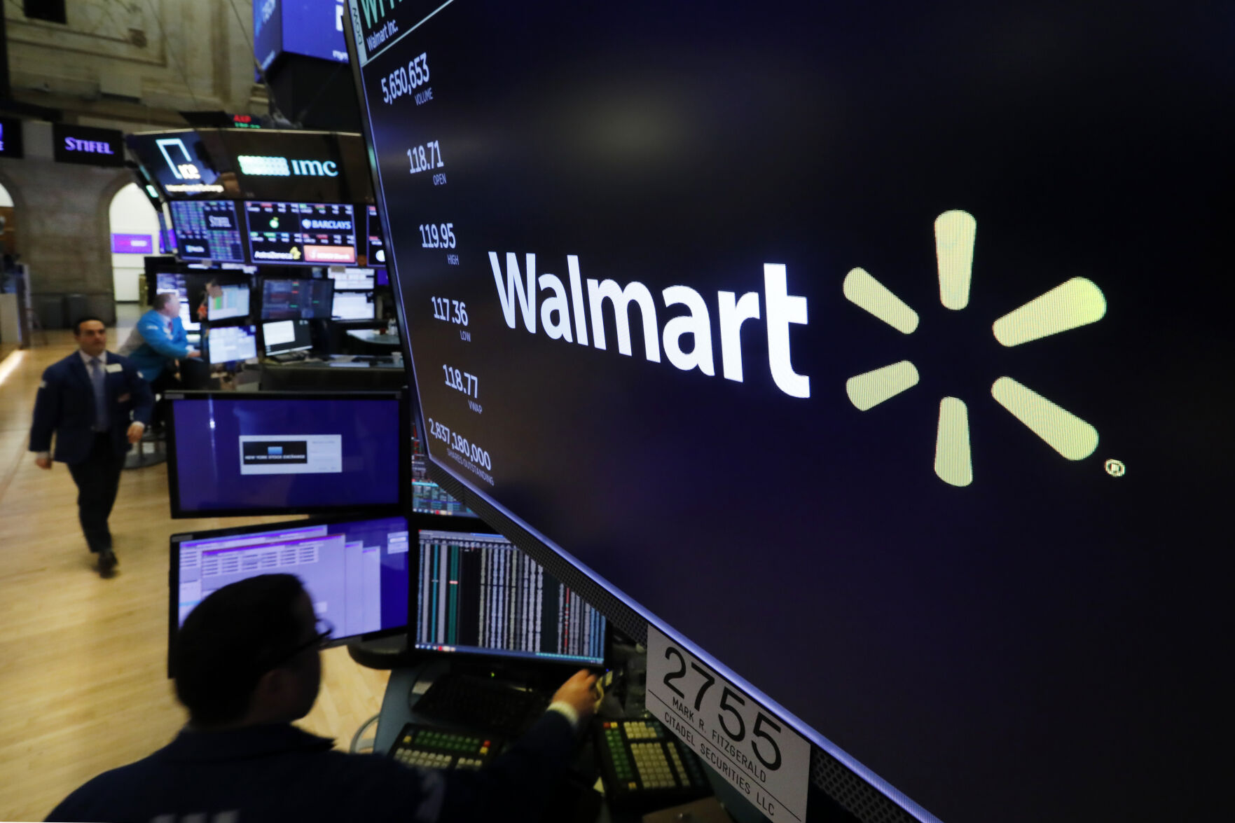 <p>FILE - In this Feb. 18, 2020 file photo, the logo for Walmart appears above a trading post on the floor of the New York. Walmart reports quarterly financial results reports quarterly financial results Tuesday, Nov. 15, 2022. (AP Photo/Richard Drew, File)</p>   PHOTO CREDIT: Richard Drew 