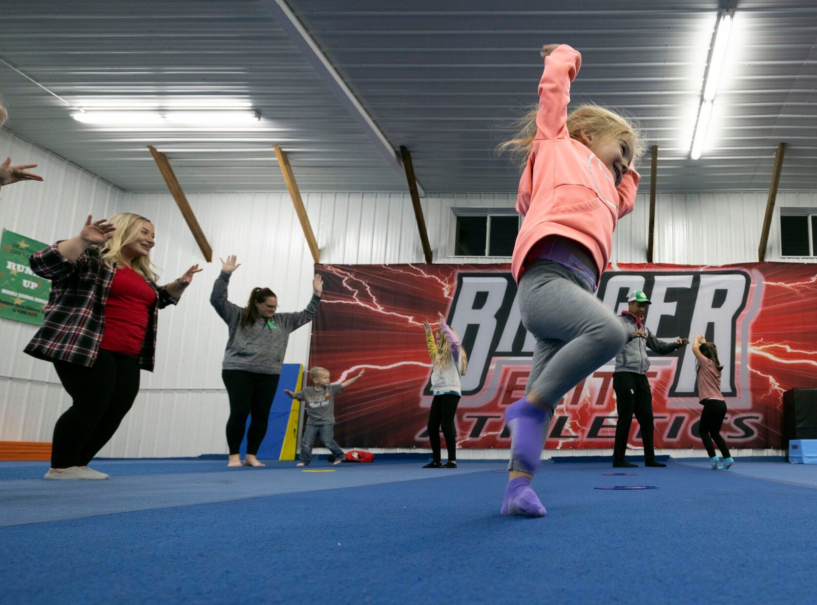 Marissa Tyson (3), dances during a "Mommy and Me Music Class" at Badger Elite Athletics in Shullsburg, Wis., on Wednesday, Nov. 16, 2022.    PHOTO CREDIT: Stephen Gassman