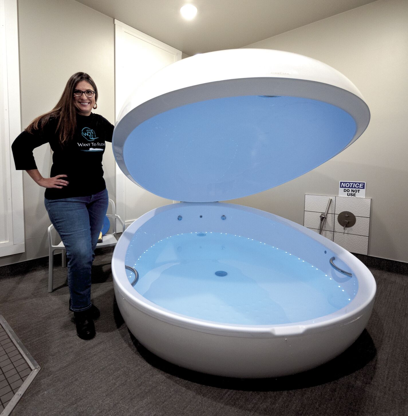 Billmeyer shows a Float Spa at Float and Fly Wellness Studio in Dubuque.    PHOTO CREDIT: Stephen Gassman