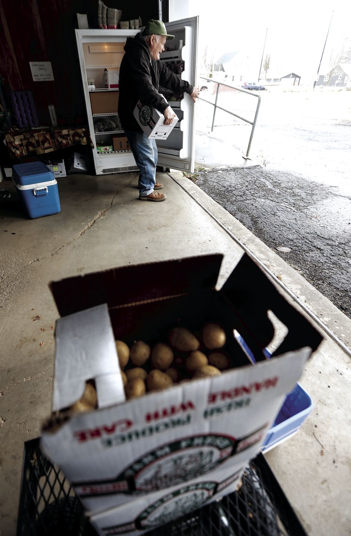 Hammerand grabs a box of potatoes to sort.    PHOTO CREDIT: Dave Kettering
Telegraph Herald