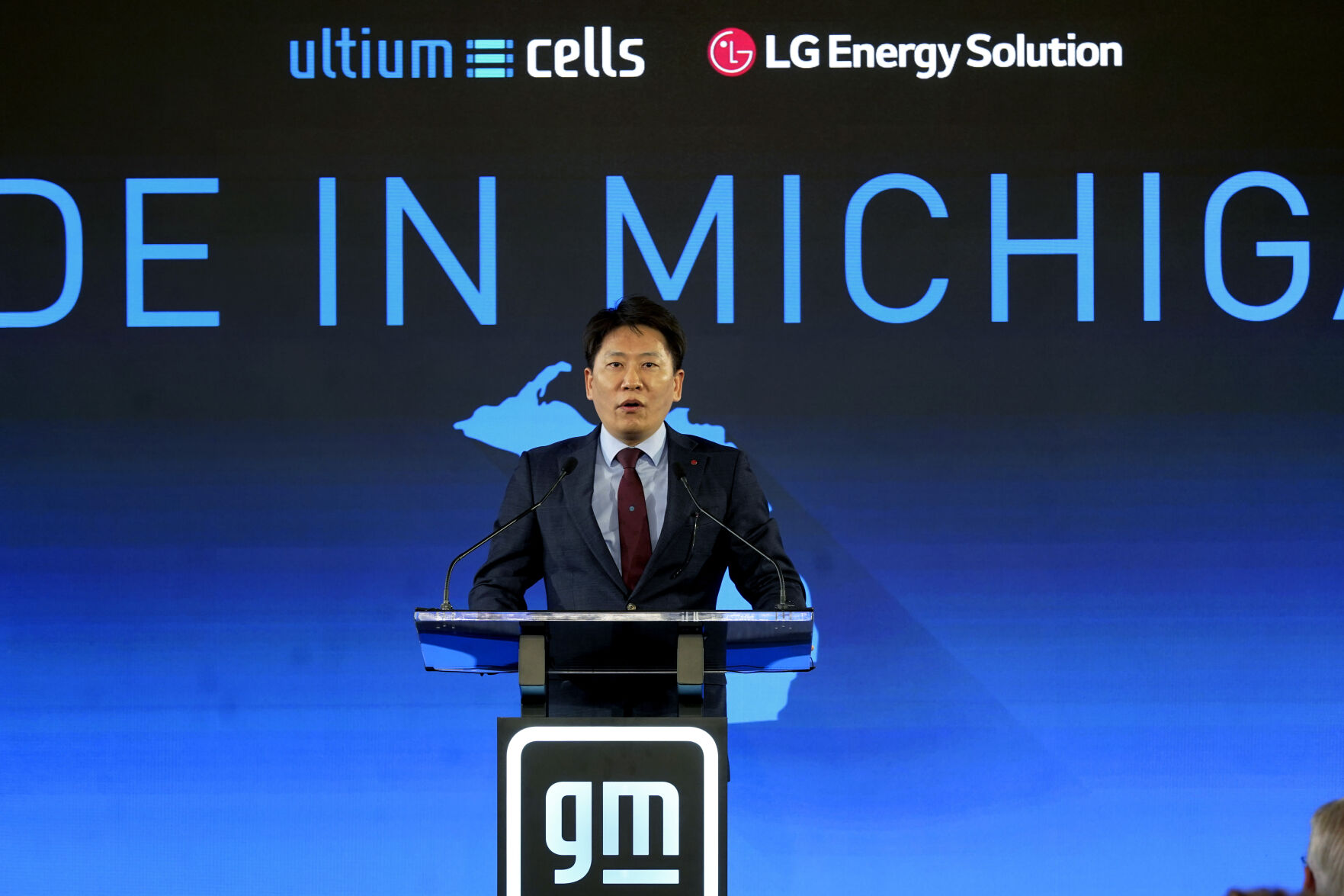 <p>FILE - Kim Dong-Myung, LG Energy Solution Head of Advanced Automotive Battery Division (EVP), speaks during a news conference in Lansing, Mich., Tuesday, Jan. 25, 2022. A joint venture between General Motors and South Korean battery company LG Energy Solution has closed on a $2.5 billion federal loan to help finance three lithium-ion battery cell plants in Ohio, Tennessee, and Michigan. (AP Photo/Paul Sancya, File)</p>   PHOTO CREDIT: Paul Sancya 