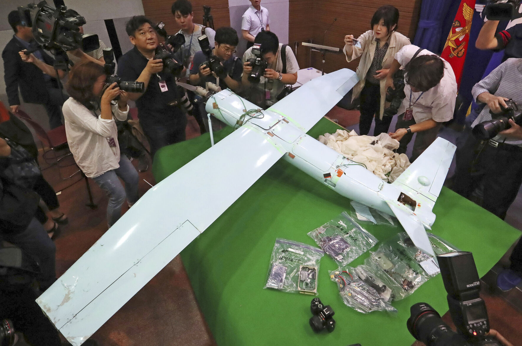<p>FILE - A suspected North Korean drone is viewed at the Defense Ministry in Seoul, South Korea, on June 21, 2017. South Korea said Monday, Dec. 26, 2022, it fired warning shots after North Korean drones violated the South’s airspace. (Lee Jung-hoon/Yonhap via AP, File)</p>   PHOTO CREDIT: Lee Jung-hoon 