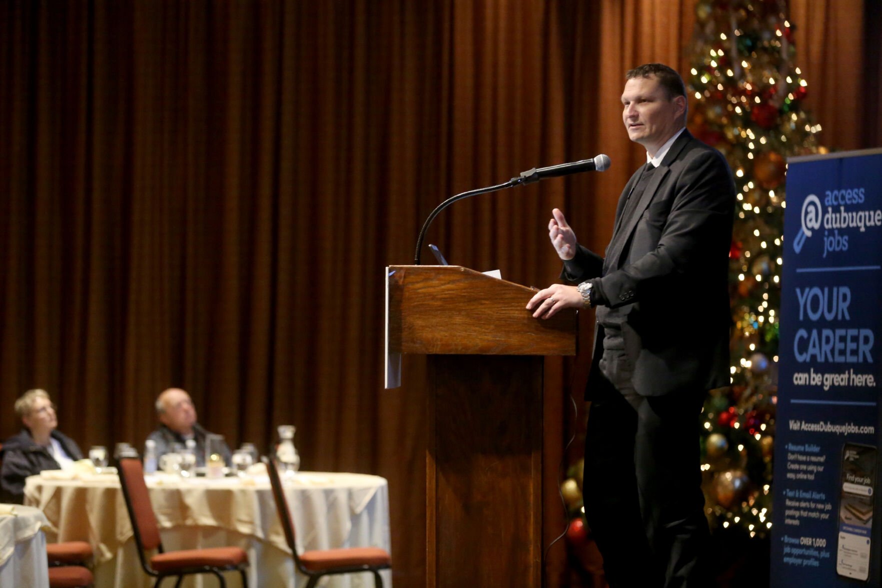 Jason E. White, vice president of business services at Greater Dubuque Development Corp., speaks during the organization’s workforce breakfast at Diamond Jo Casino in Dubuque on Friday, Dec. 9, 2022.    PHOTO CREDIT: JESSICA REILLY