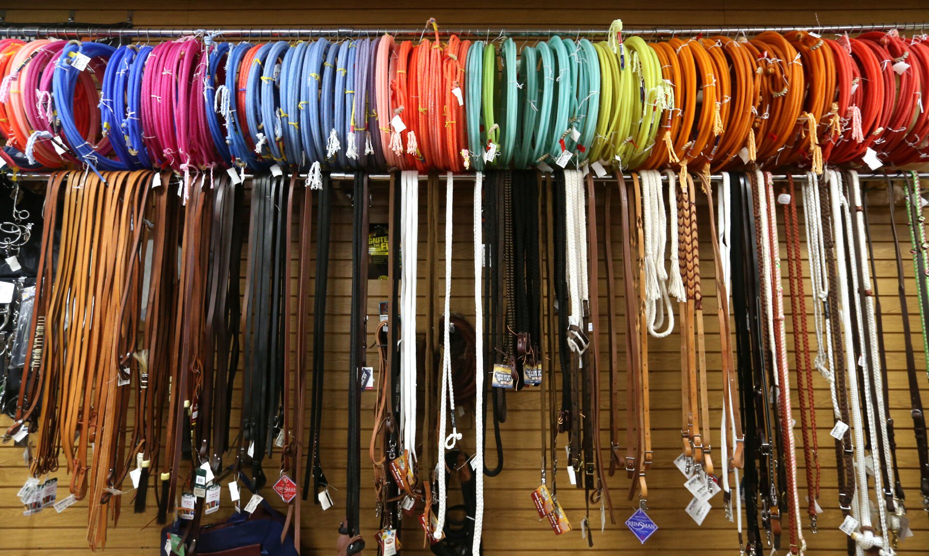 Ropes are displayed at Longhorn Saddlery in Dubuque on Friday, Dec. 30, 2022.    PHOTO CREDIT: JESSICA REILLY