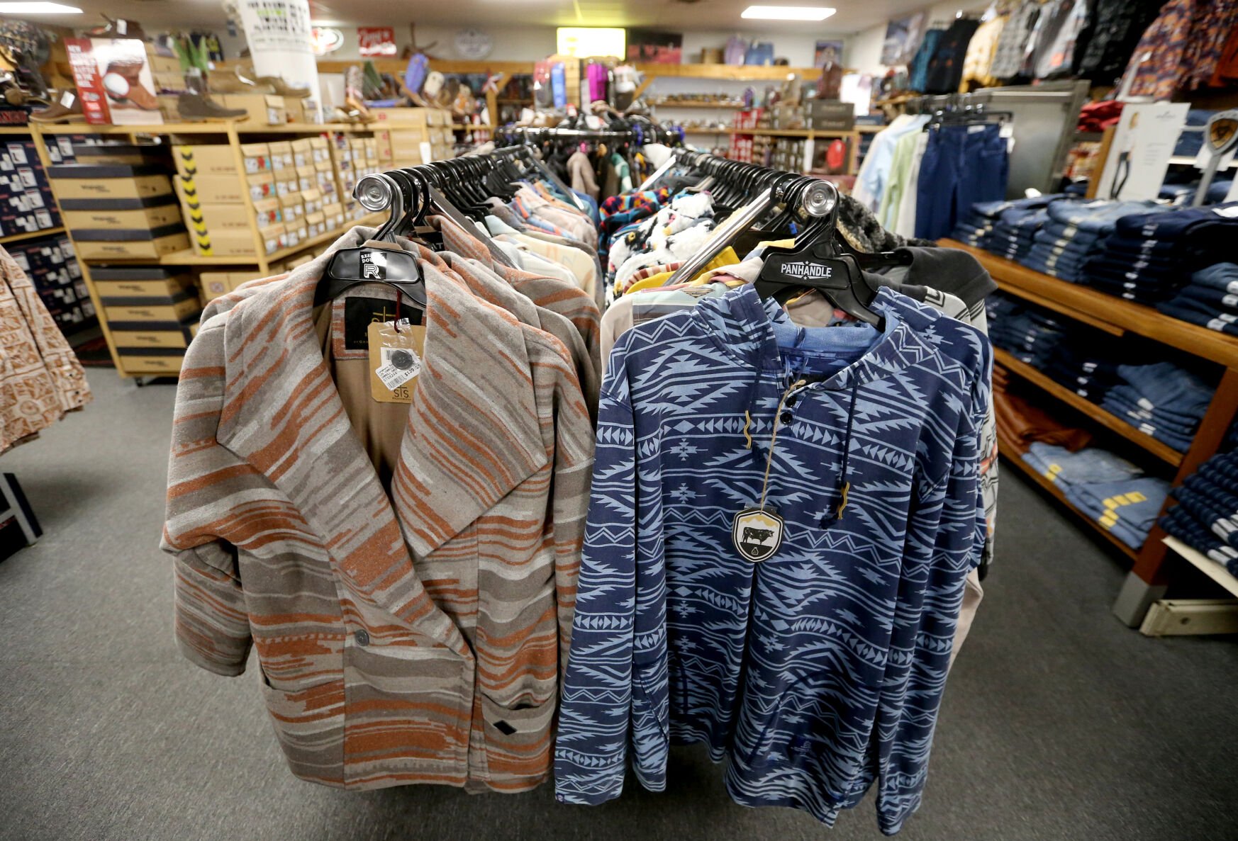 Clothing is displayed at Longhorn Saddlery in Dubuque on Friday, Dec. 30, 2022.    PHOTO CREDIT: JESSICA REILLY
