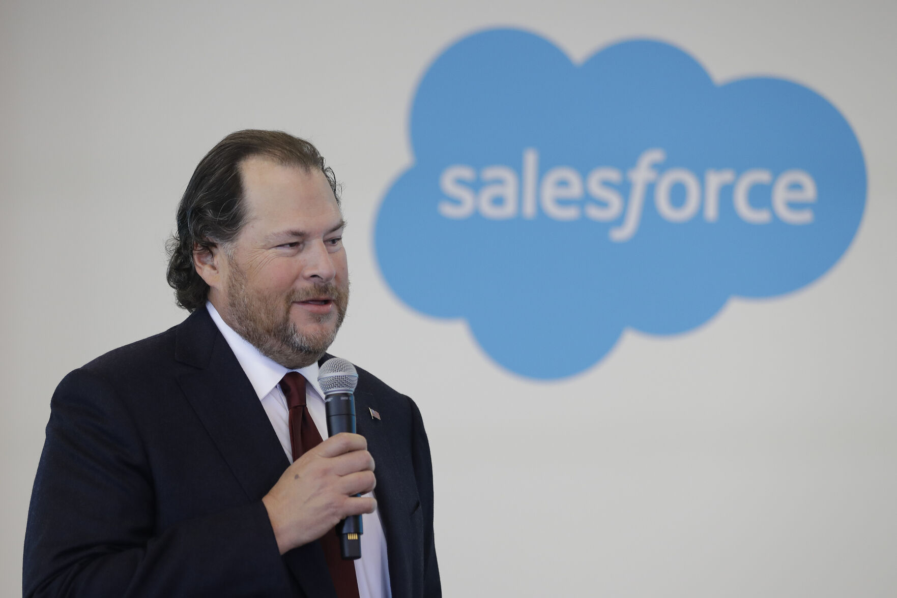 <p>FILE - In this Thursday, May 16, 2019, file photo, Salesforce chairman Marc Benioff speaks during a news conference, in Indianapolis. Salesforce is laying off about 10% of its workforce, more than 7,350 employees, the latest job cuts in the tech industry as corporations cut back on software and other spending. The San Francisco cloud computing software company will also be closing some offices, according to a regulatory filing Wednesday, Jan. 4, 2023. (AP Photo/Darron Cummings, File)</p>   PHOTO CREDIT: Darron Cummings 