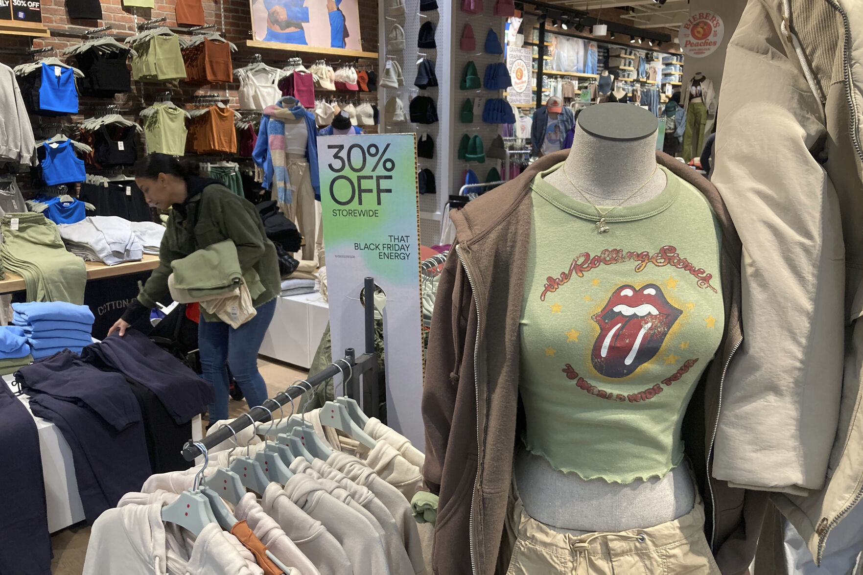 <p>FILE - A Rolling Stones t-shirt from 1970 is displayed in the Westfield Garden State Plaza shopping mall in Paramus, New Jersey, on Saturday, December 17, 2022. On Thursday, the Labor Department reports on U.S. consumer prices for December. (AP Photo/Ted Shaffrey, File)</p>   PHOTO CREDIT: Ted Shaffrey 