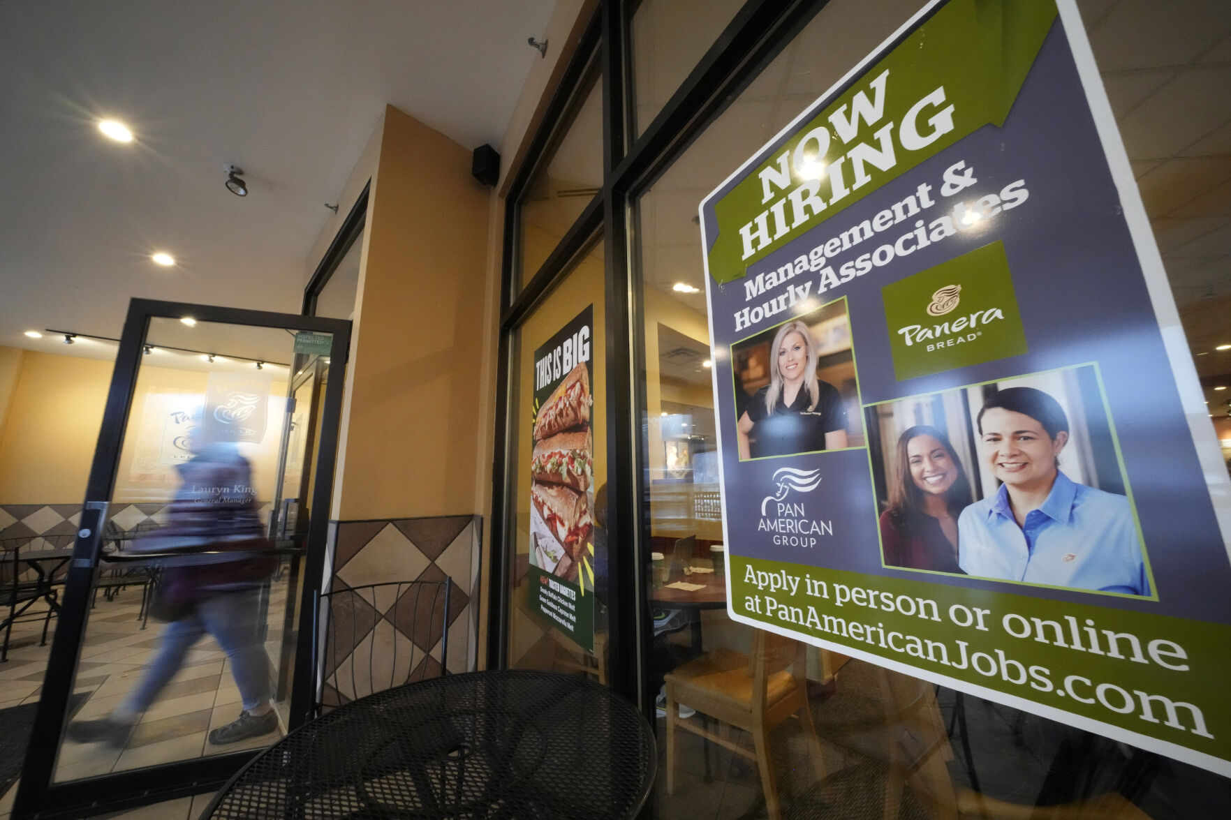 <p>A hiring sign is displayed in the window of a Panera Bread store in Pittsburgh on Monday, Jan. 23, 2023. On Thursday, the Labor Department reports on the number of people who applied for unemployment benefits last week. (AP Photo/Gene J. Puskar)</p>   PHOTO CREDIT: Gene J. Puskar 