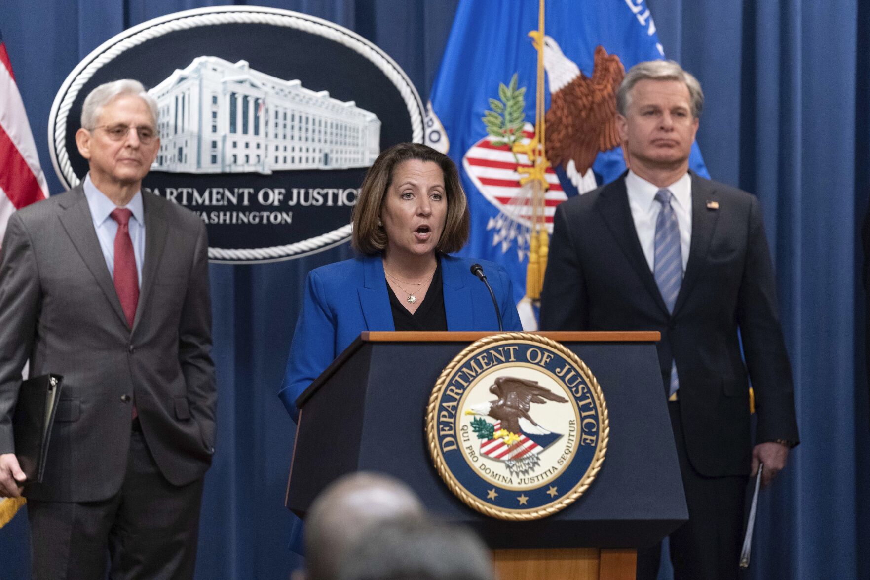<p>Deputy Attorney General Lisa Monaco flanked by Attorney General Merrick Garland, left, and Federal Bureau of Investigation (FBI) Director Christopher Wray speaks during a news conference to announce an international ransomware enforcement action, at the Department of Justice in Washington, Thursday, Jan. 26, 2023. The FBI has seized the website of a prolific ransomware gang that has heavily targeted hospitals and other healthcare providers. (AP Photo/Jose Luis Magana)</p>   PHOTO CREDIT: Jose Luis Magana - freelancer, FR159526 AP
