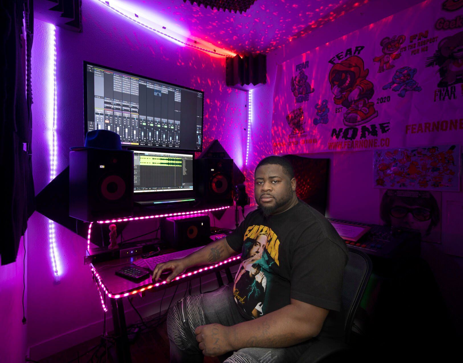 Glasshouse owner Deshawn Brown in his recording studio at 1533 Central Ave. in Dubuque on Thursday, Jan. 26, 2023.    PHOTO CREDIT: Gassman