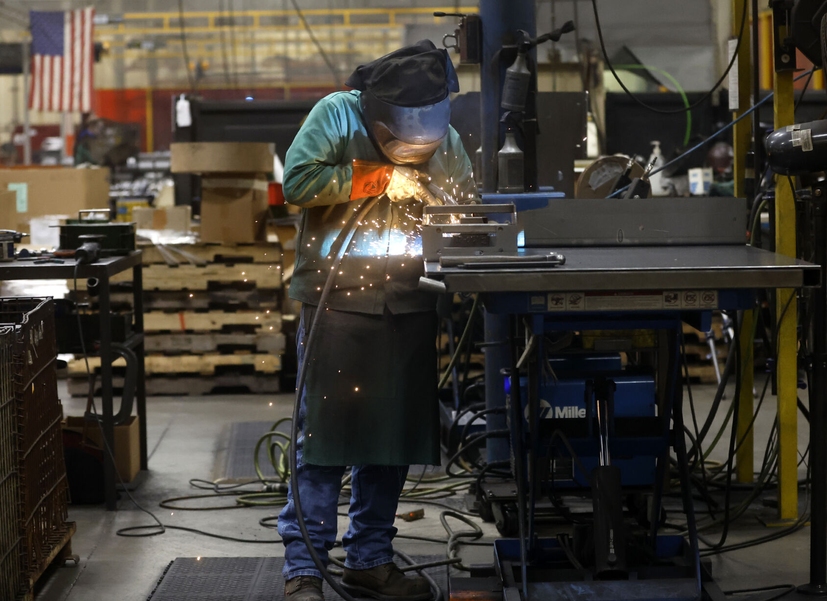 Cole Lineburg welds product at Mi-T-M Corp.    PHOTO CREDIT: JESSICA REILLY
Telegraph Herald