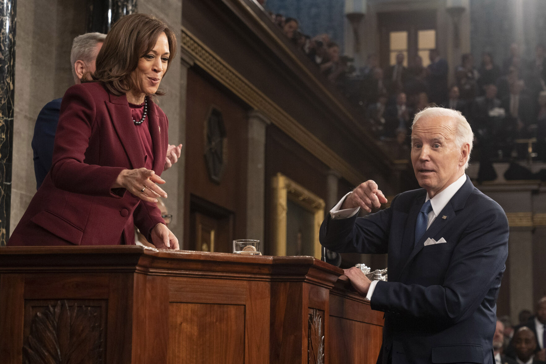 <p>President Joe Biden talks with Vice President Kamala Harris after the State of the Union address to a joint session of Congress at the Capitol, Tuesday, Feb. 7, 2023, in Washington. (Jacquelyn Martin, Pool)</p>   PHOTO CREDIT: Jacquelyn Martin 