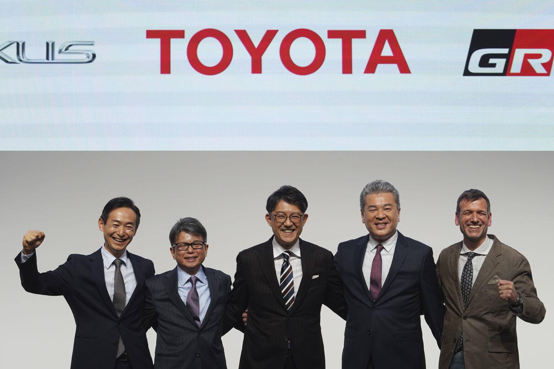 <p>Koji Sato, center, Toyota chief branding officer and CEO-designate poses with his management teams, Kazuaki Shingo, left, chief production officer, Yoichi Miyazaki, second left, executive vice president, CFO, Hiroki Nakajima, second right, executive vice president, CTO, Simon Humphries, right, chief branding officer, during a press conference Monday, Feb. 13, 2023, in Tokyo. Sato, who was appointed the next president at Japan’s top automaker Toyota, introduced a management team Monday that he said will lead an aggressive push on electric vehicles. (AP Photo/Eugene Hoshiko)</p>   PHOTO CREDIT: Eugene Hoshiko 