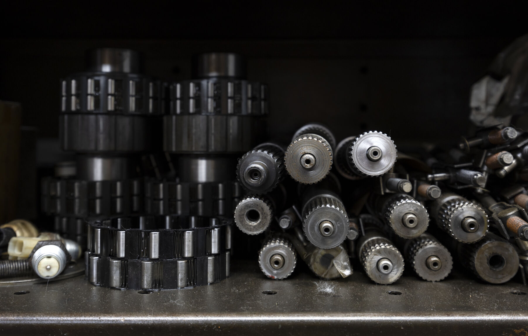 Transmission parts sit on shelves at M-K Matic Transmission Co. on Garfield Avenue in Dubuque on Wednesday, Feb. 15, 2023.    PHOTO CREDIT: Gassman
