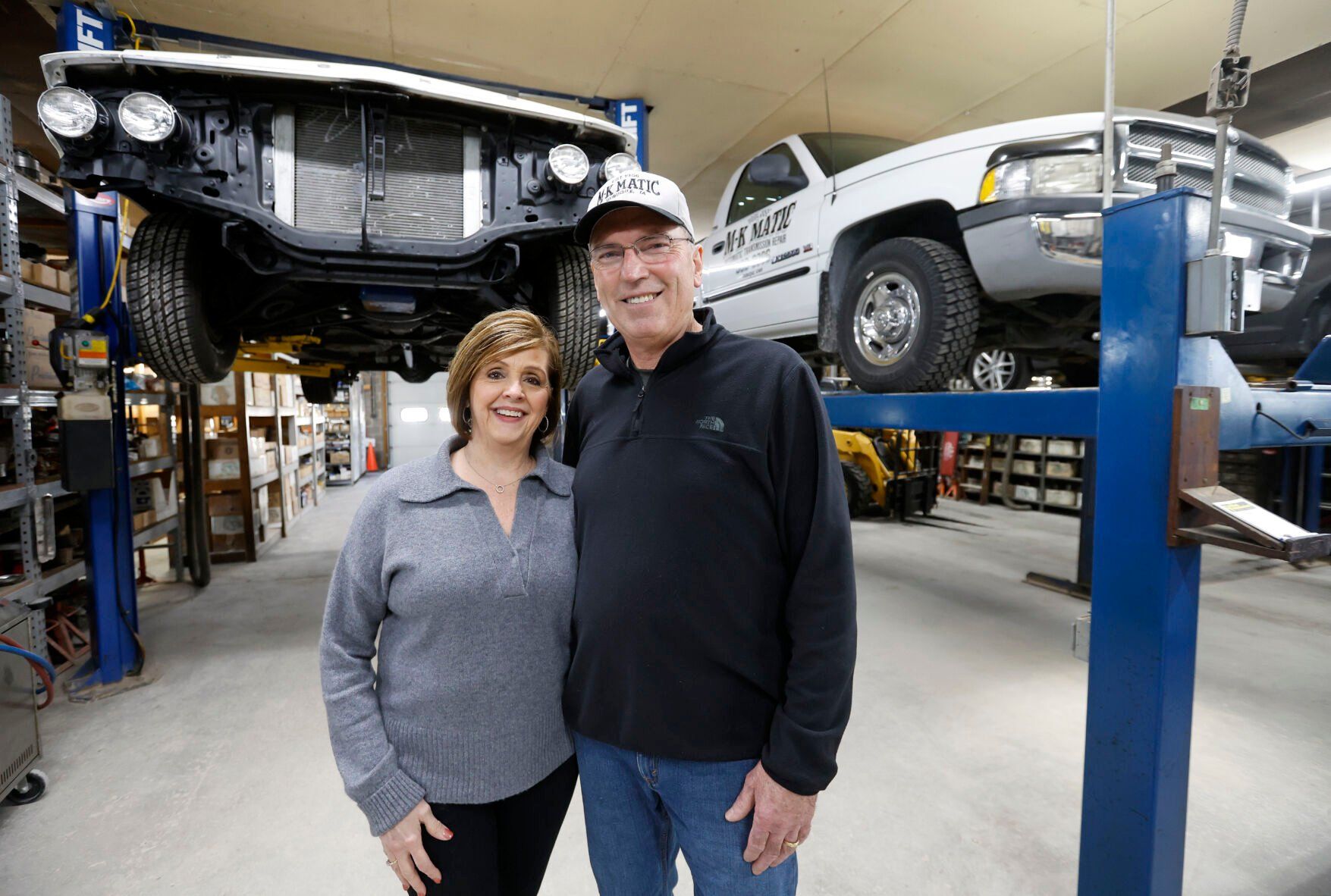 Donna and Rod Clemen stand at M-K Matic Transmission Co. in Dubuque on Monday, Feb. 20, 2023.    PHOTO CREDIT: JESSICA REILLY