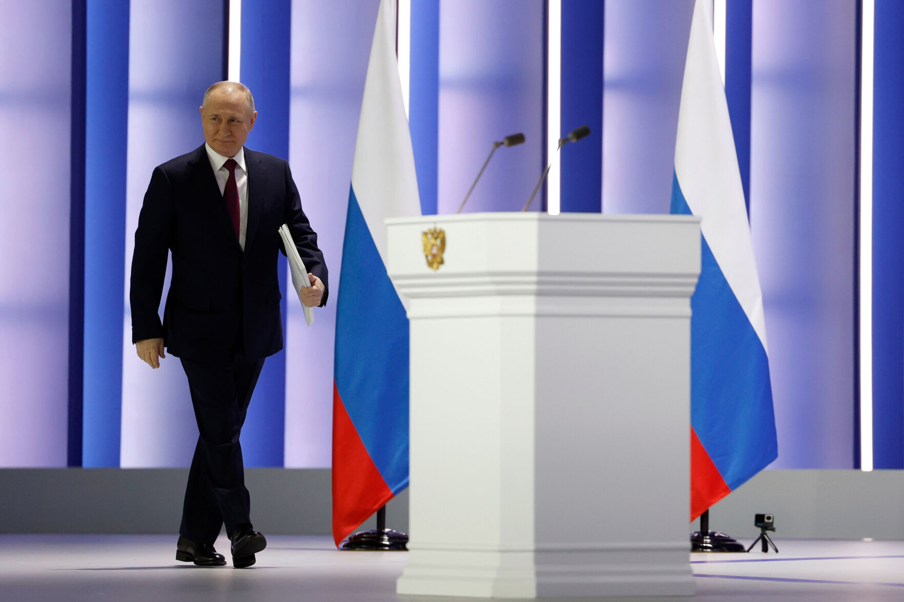 <p>Russian President Vladimir Putin arrives to give his annual state of the nation address in Moscow, Russia, Tuesday, Feb. 21, 2023. (Dmitry Astakhov, Sputnik, Kremlin Pool Photo via AP)</p>   PHOTO CREDIT: Dmitry Astakhov 