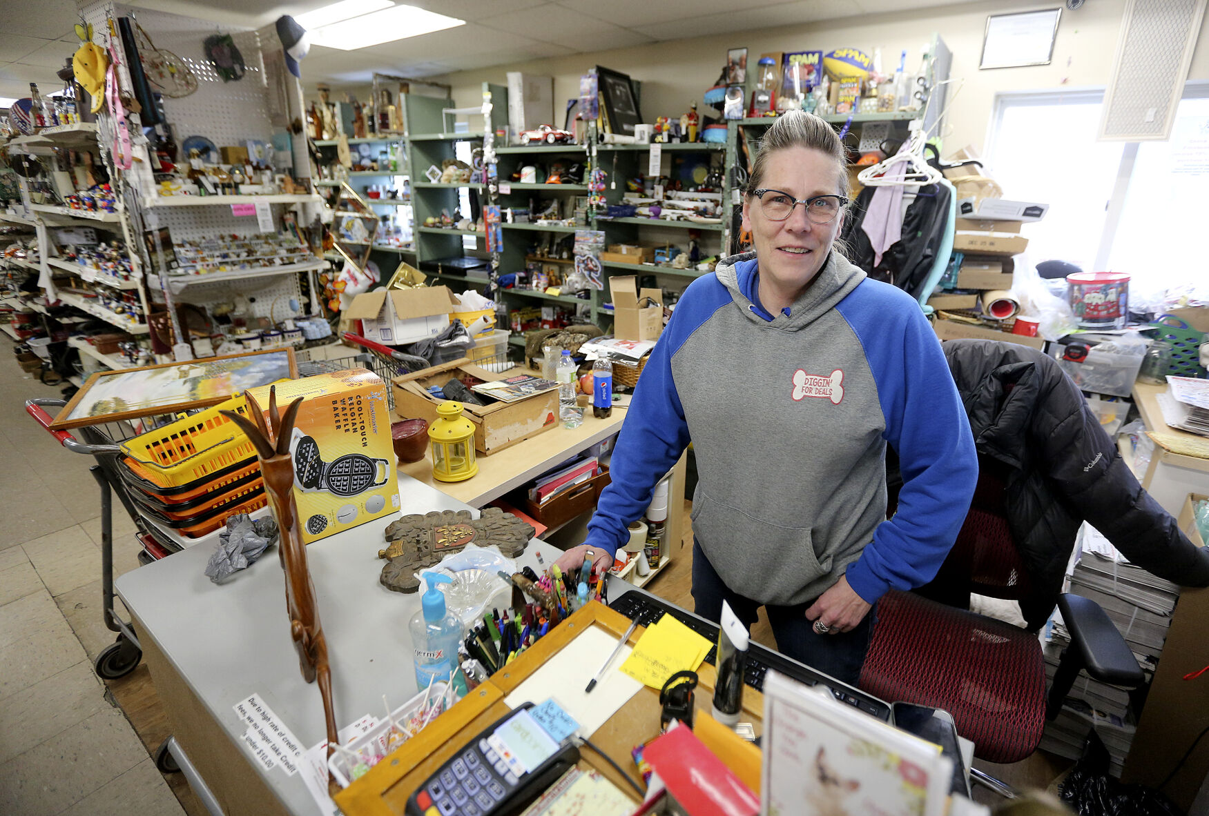 Co-owner of Shaggy’s Indoor Flea Market Lisa Hammel recently in the Dubuque store located off of North Crescent Ridge.    PHOTO CREDIT: Dave Kettering