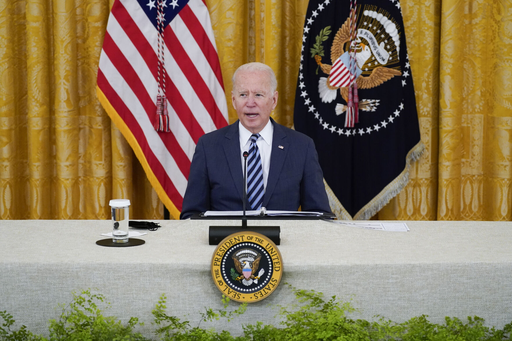 <p>FILE - President Joe Biden speaks during a meeting about cybersecurity, in the East Room of the White House, Aug. 25, 2021, in Washington. The U.S. government plans to expand minimum cybersecurity requirements for critical sectors and to be faster and more aggressive in preventing cyberattacks before they can occur, including by using military, law enforcement and diplomatic tools, according to a Biden administration strategy document.(AP Photo/Evan Vucci, File)</p>   PHOTO CREDIT: Evan Vucci 