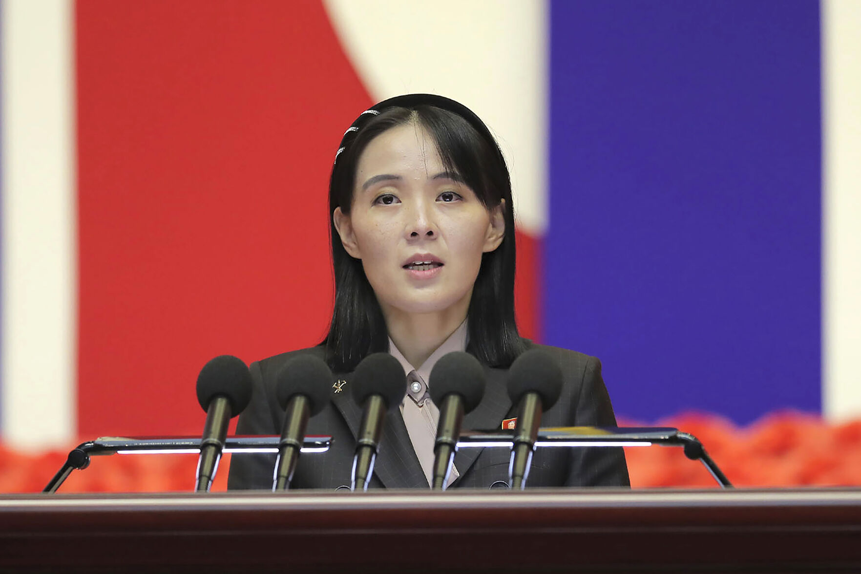 <p>FILE - This photo provided by the North Korean government, Kim Yo Jong, sister of North Korean leader Kim Jong Un, delivers a speech during a national meeting against the coronavirus, in Pyongyang, North Korea, Aug. 10, 2022. Independent journalists were not given access to cover the event depicted in this image distributed by the North Korean government. The content of this image is as provided and cannot be independently verified. (Korean Central News Agency/Korea News Service via AP, File)</p>   PHOTO CREDIT: KCNA via KNS