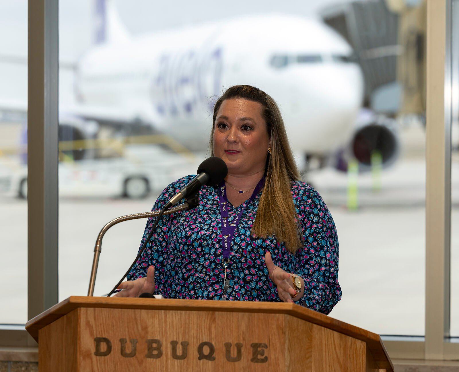 Courtney Goff, Avelo Airlines communications manager, speaks during a press conference for Avelo Airlines