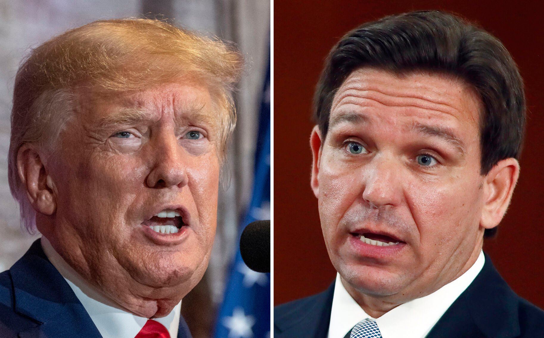 <p>FILE - This combination of the photos shows former President Donald Trump, left, and Florida Gov. Ron DeSantis, right. DeSantis’ allies are gaining confidence in his White House prospects as former President Donald Trump’s legal woes mount. Trump, a 2024 Republican presidential candidate, is facing possible criminal charges in New York, Georgia and Washington. The optimism around DeSantis comes even as a collection of Republican officials and MAGA influencers raise concerns about the Florida governor’s readiness for national stage. (AP Photo/File)</p>   PHOTO CREDIT: Phil Sears 