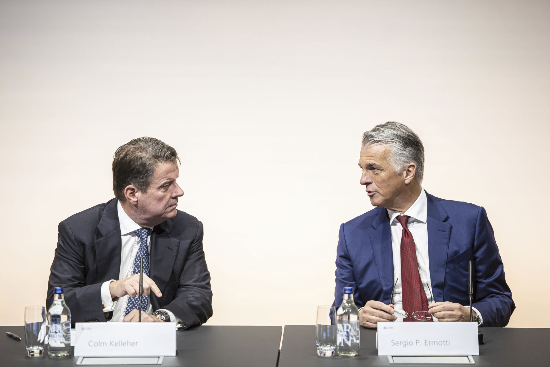 <p>Newly appointed Group Chief Executive Officer of Swiss Bank UBS Sergio Ermotti, right, UBS Chairman Colm Kelleher, left, speak during a news conference in Zurich, Switzerland Wednesday, March 29, 2023. (Michael Buholzer/Keystone via AP)</p>   PHOTO CREDIT: Michael Buholzer