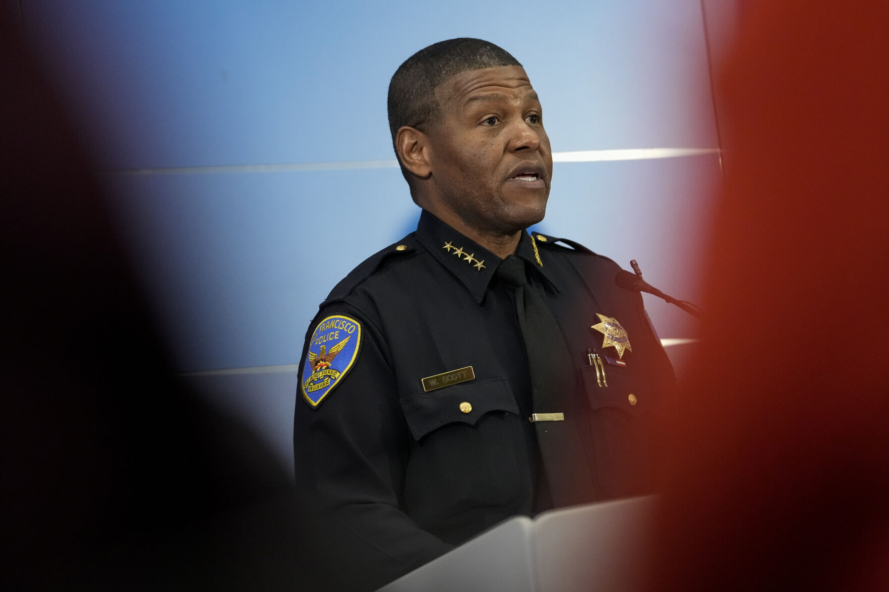 <p>San Francisco Police chief William Scott provides an update on the homicide investigation of Robert Lee during a press conference where officials announced the arrest of a suspect, Thursday, April 13, 2023, in San Francisco. (AP Photo/Godofredo A. Vásquez)</p>   PHOTO CREDIT: Godofredo A. Vásquez - staff, AP