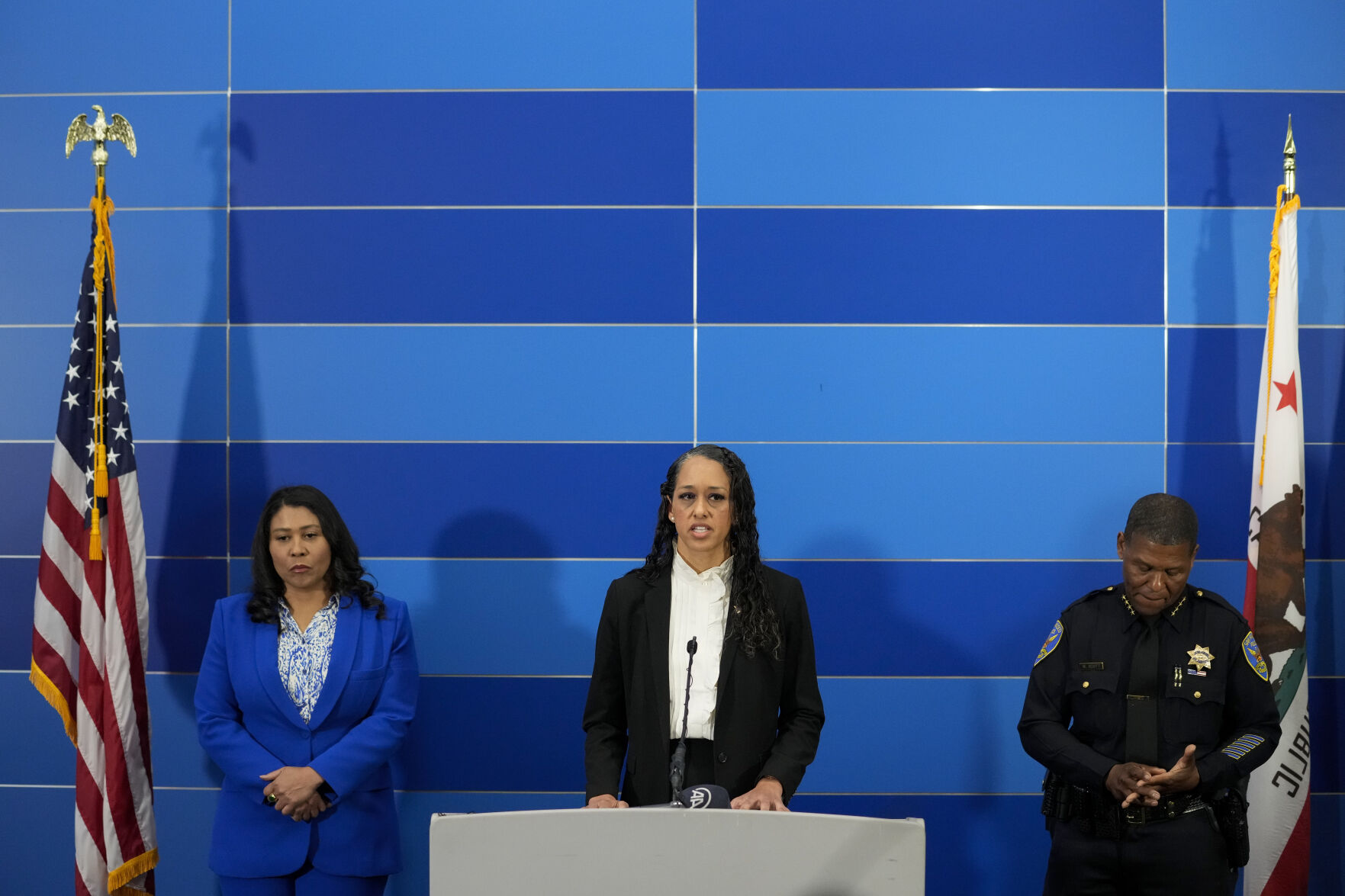<p>San Francisco District Attorney Brooke Jenkins, center, provides an update on the homicide investigation of Robert Lee during a press conference where officials announced the arrest of a suspect, Thursday, April 13, 2023, in San Francisco. (AP Photo/Godofredo A. Vásquez)</p>   PHOTO CREDIT: Godofredo A. Vásquez - staff, AP