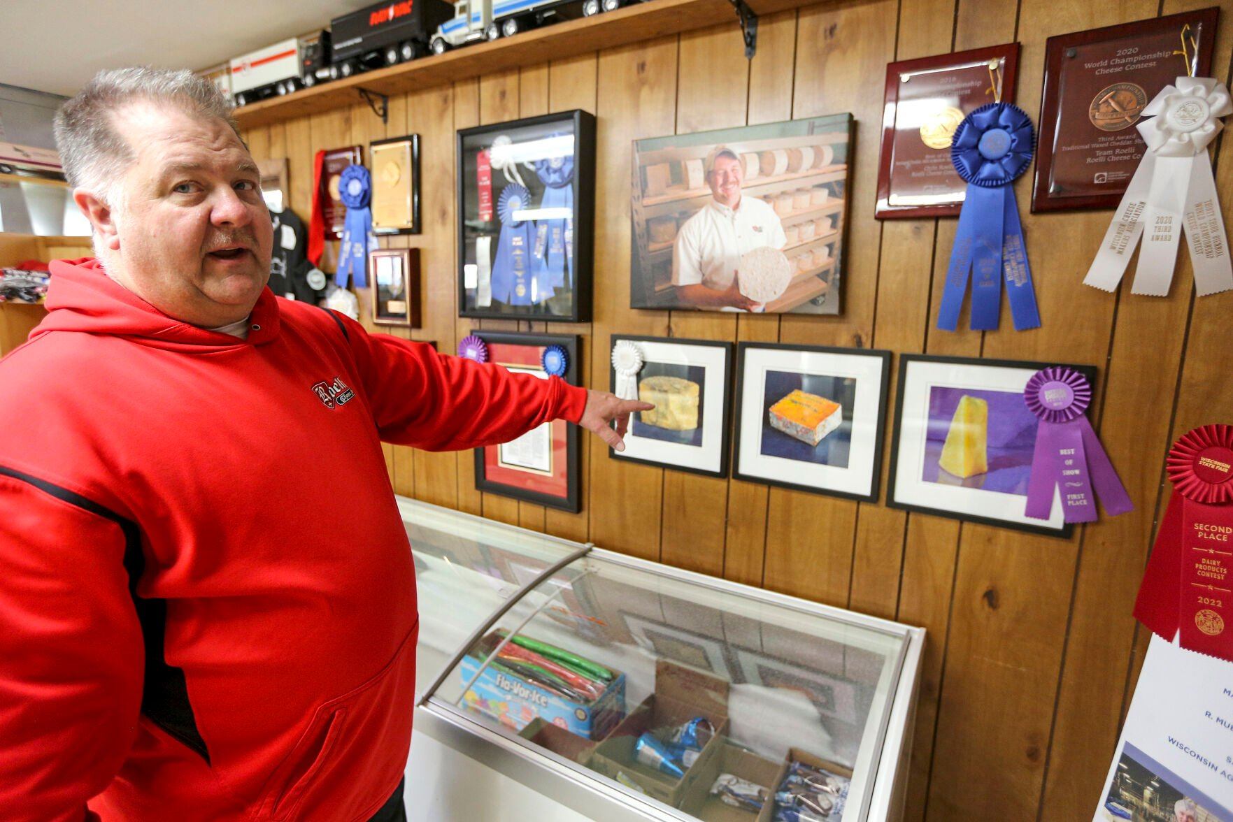 Cheese Master Chris Roelli, who operates Roelli Cheese Haus in Shullsburg, Wis., shows off his award winning cheeses on Tuesday, April 18, 2023.    PHOTO CREDIT: Dave Kettering
Telegraph Herald