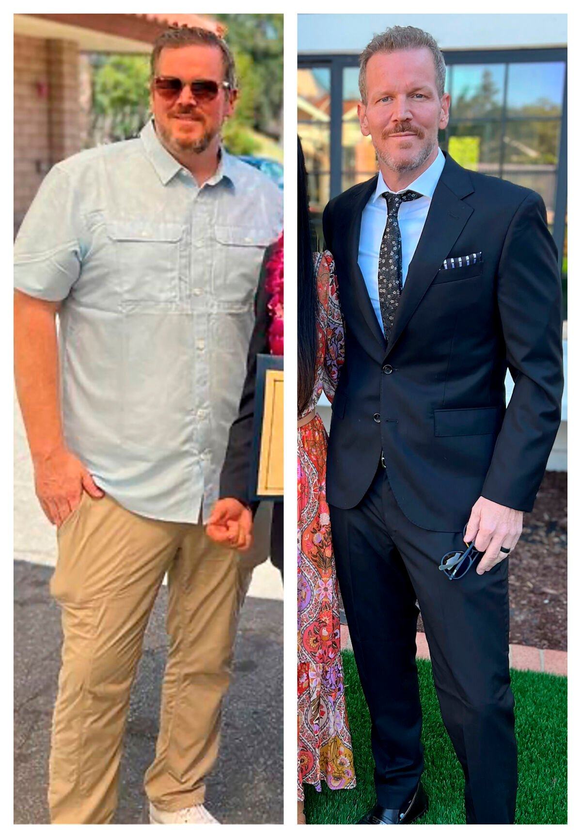 <p>This combination of photos provided by Matthew Barlow shows him in November 2022, left, and April 2023 in California. Barlow, a 48-year-old health technology executive, said he has lost more than 100 pounds since November by using the drug Mounjaro and changing his diet. (Courtesy Matthew Barlow via AP)</p>   PHOTO CREDIT: Matthew Barlow