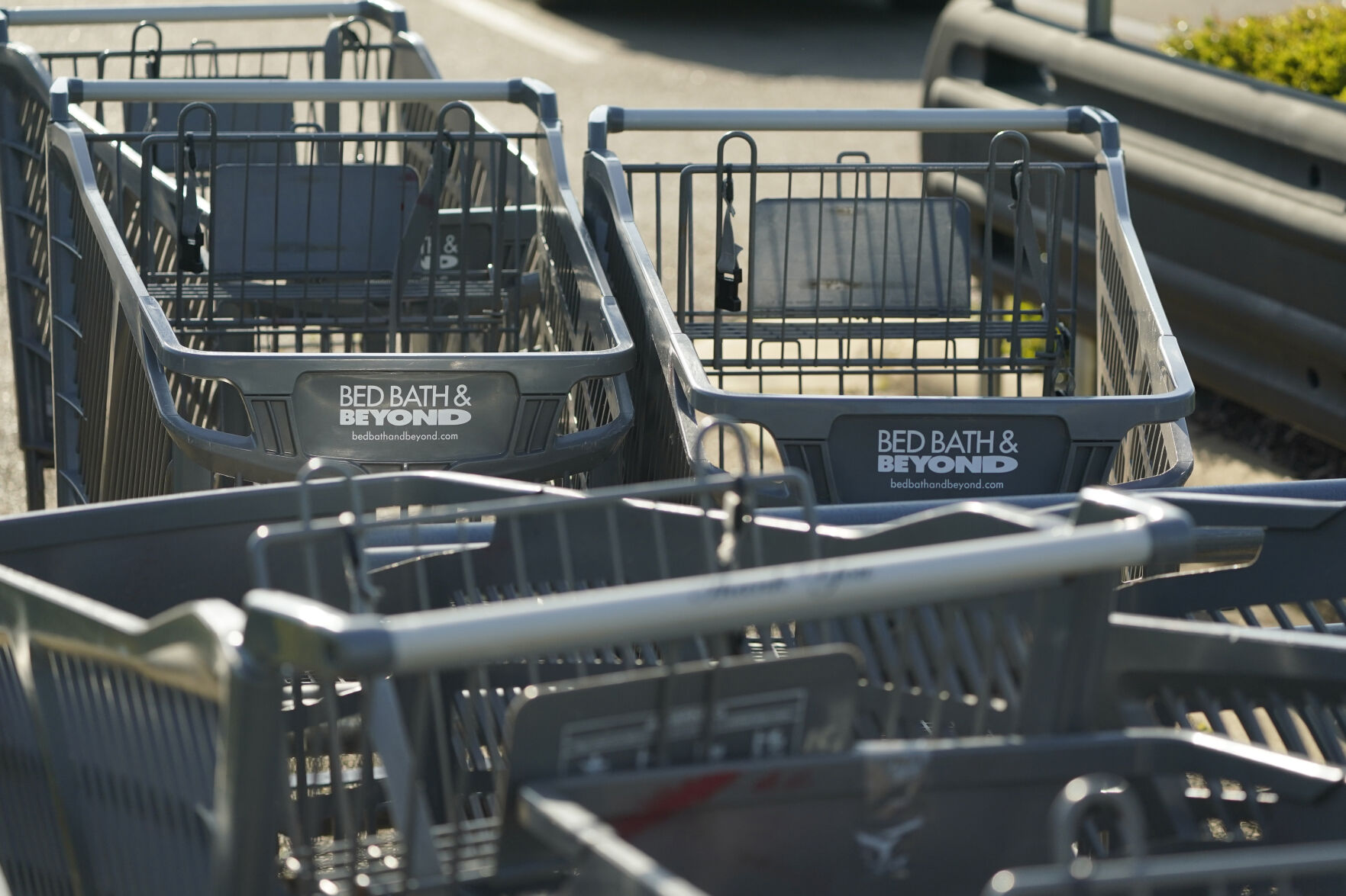 <p>Bed Bath & Beyond shopping carts are left in a corral in Flowood, Miss., on Monday, April 24, 2023. One of the original big box retailers, the company filed for bankruptcy protection on Sunday, April 23, following years of dismal sales and losses. (AP Photo/Rogelio V. Solis)</p>   PHOTO CREDIT: Rogelio V. Solis 