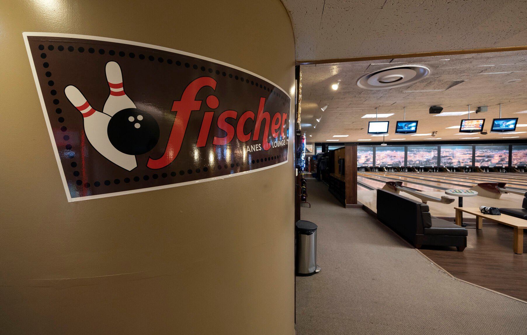 A sign leading into the bowling area at Fischer Lanes in Dubuque on Thursday, May 4, 2023.    PHOTO CREDIT: Stephen Gassman
Telegraph Herald
