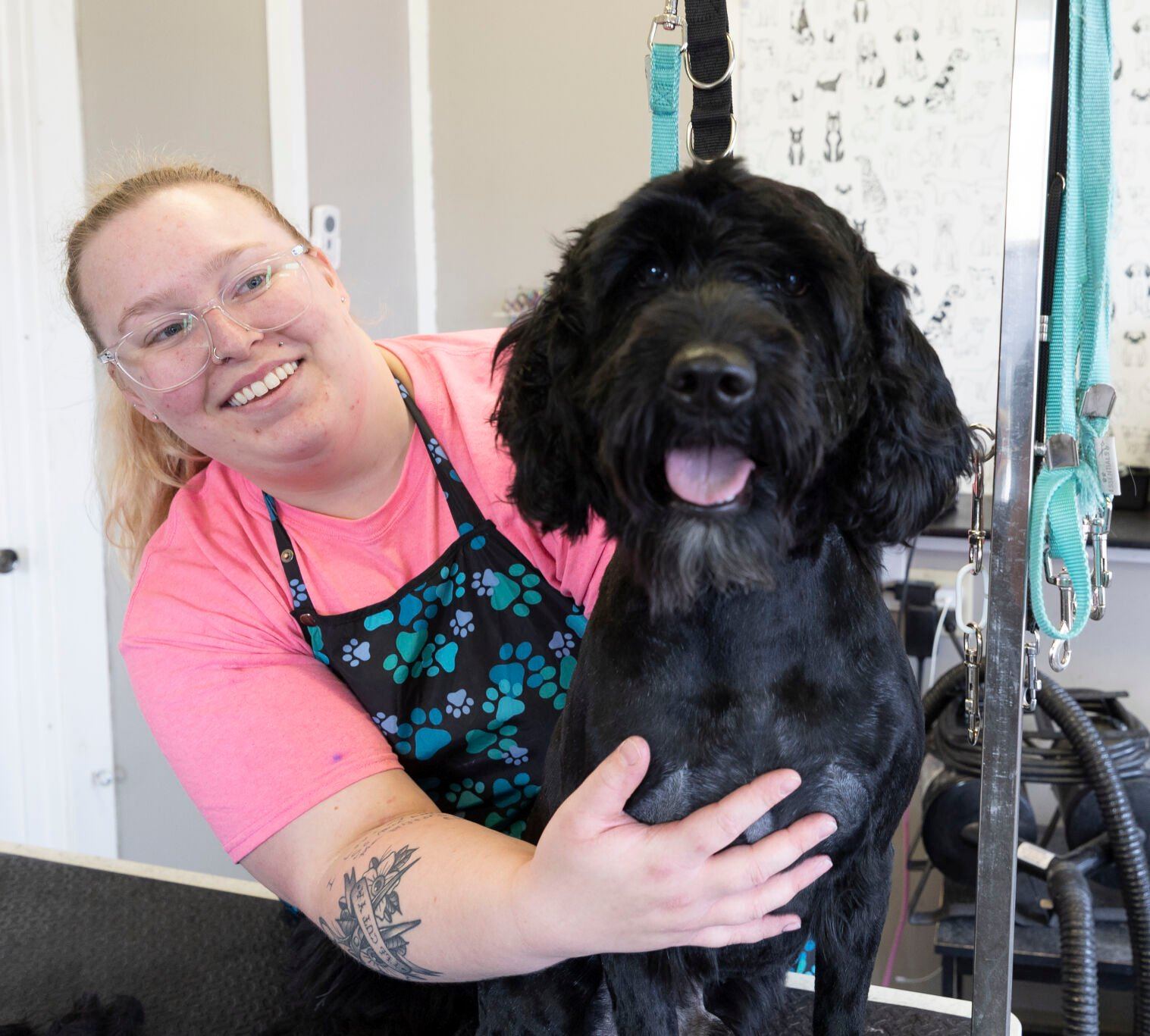Owner Natalie Hazewinkel grooms a dog at Club Pawsh Grooming in Dubuque.    PHOTO CREDIT: Gassman