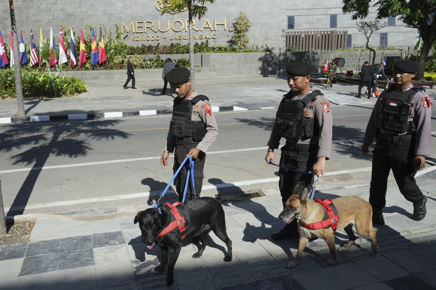 <p>Indonesian police K9 patrol in front of Meruorah hotel in Labuan Bajo, East Nusa Tenggara province, Indonesia, Monday, May 8, 2023. Indonesian President Joko Widodo will host fellow leaders of the Association of Southeast Asian Nations this week in their annual summit in Labuan Bajo. (AP Photo/Achmad Ibrahim)</p>   PHOTO CREDIT: Achmad Ibrahim 