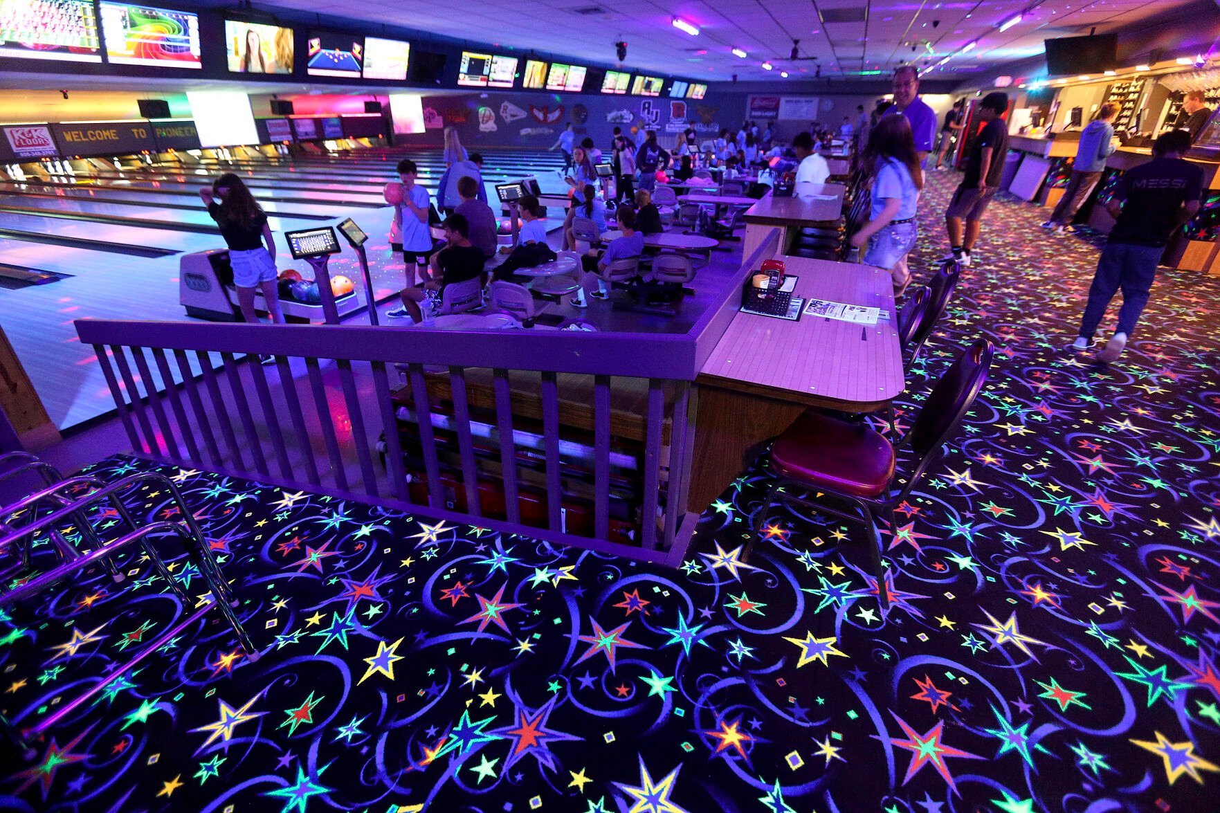 Galena Middle Schoolers take part in cosmic bowling at Pioneer Lanes in Platteville, Wis. recently.    PHOTO CREDIT: Dave Kettering
Telegraph Herald