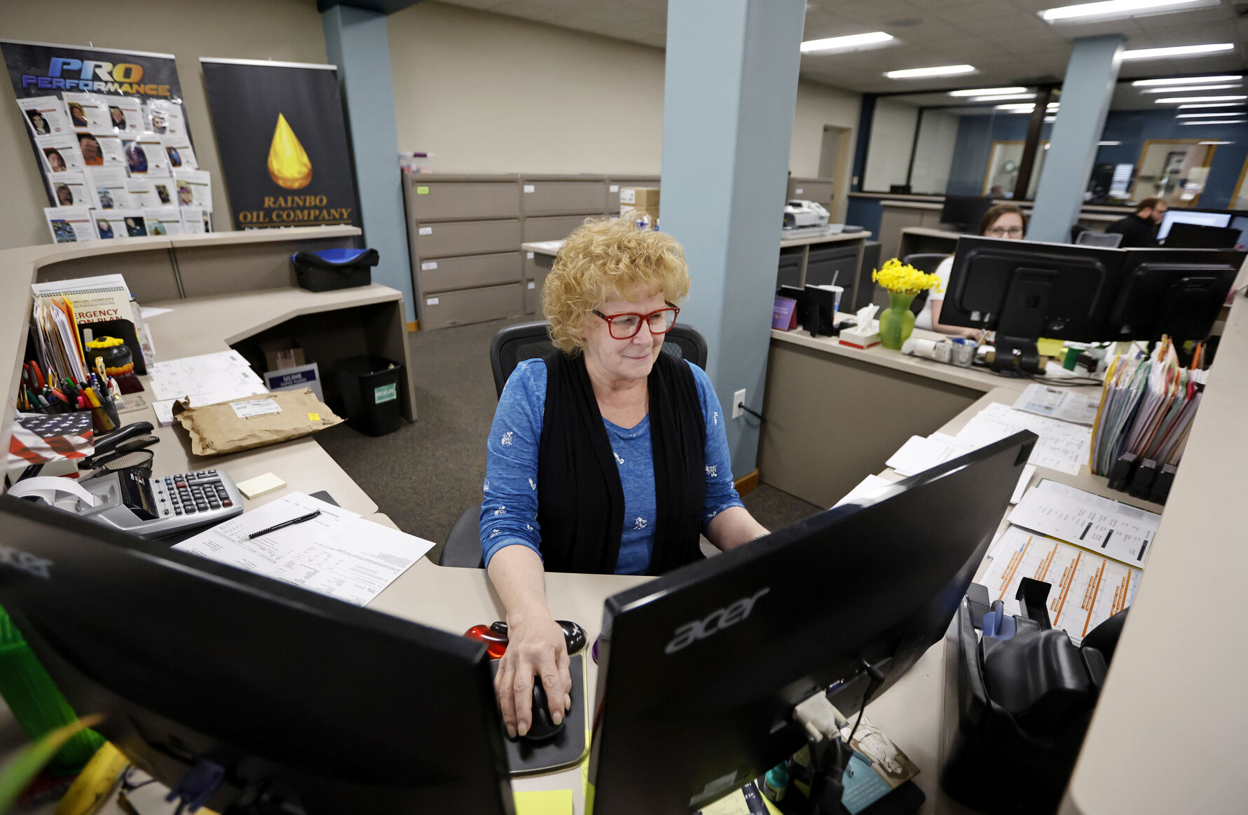 Kathy Green works on the computer at Rainbo Oil Co. in Dubuque on Tuesday, May 16, 2023.    PHOTO CREDIT: JESSICA REILLY
Telegraph Herald