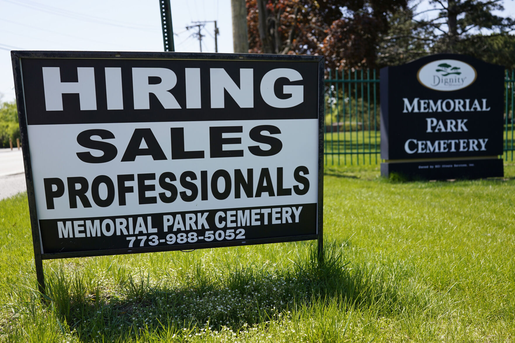 <p>A hiring sign is displayed at a cemetery in Skokie, Ill., Wednesday, May 10, 2023. On Thursday, the Labor Department reports on the number of people who applied for unemployment benefits last week. (AP Photo/Nam Y. Huh)</p>   PHOTO CREDIT: Nam Y. Huh 
