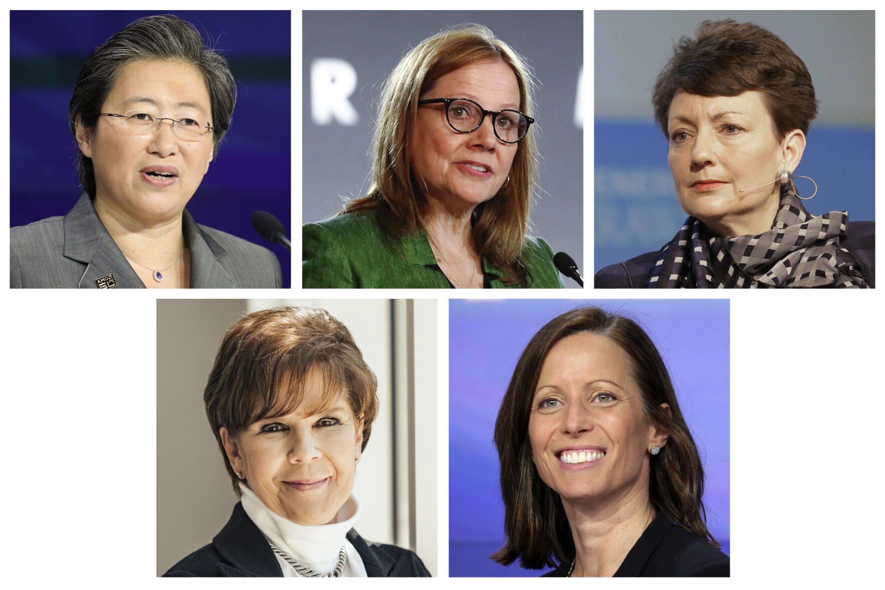 <p>This combination of photos show the five top paid women CEOs in 2022. From top left, Lisa Su of Advanced Micro Devices, Mary Barra of General Motors, Lynn Good of Duke Energy. FROM bottom left, Phebe Novakovic of General Dynamics and Adena Friedman of Nasdaq, Inc. 2022 was a mixed bag pay-wise for the women who run companies in the S&P 500 - compensation increased for more than half of them, but the median pay package fell 6%. Of the 343 CEOs in the compensation survey of S&P 500 companies done by the AP and Equilar, only 20 were women. (AP Photo)</p>   PHOTO CREDIT: AP Photo