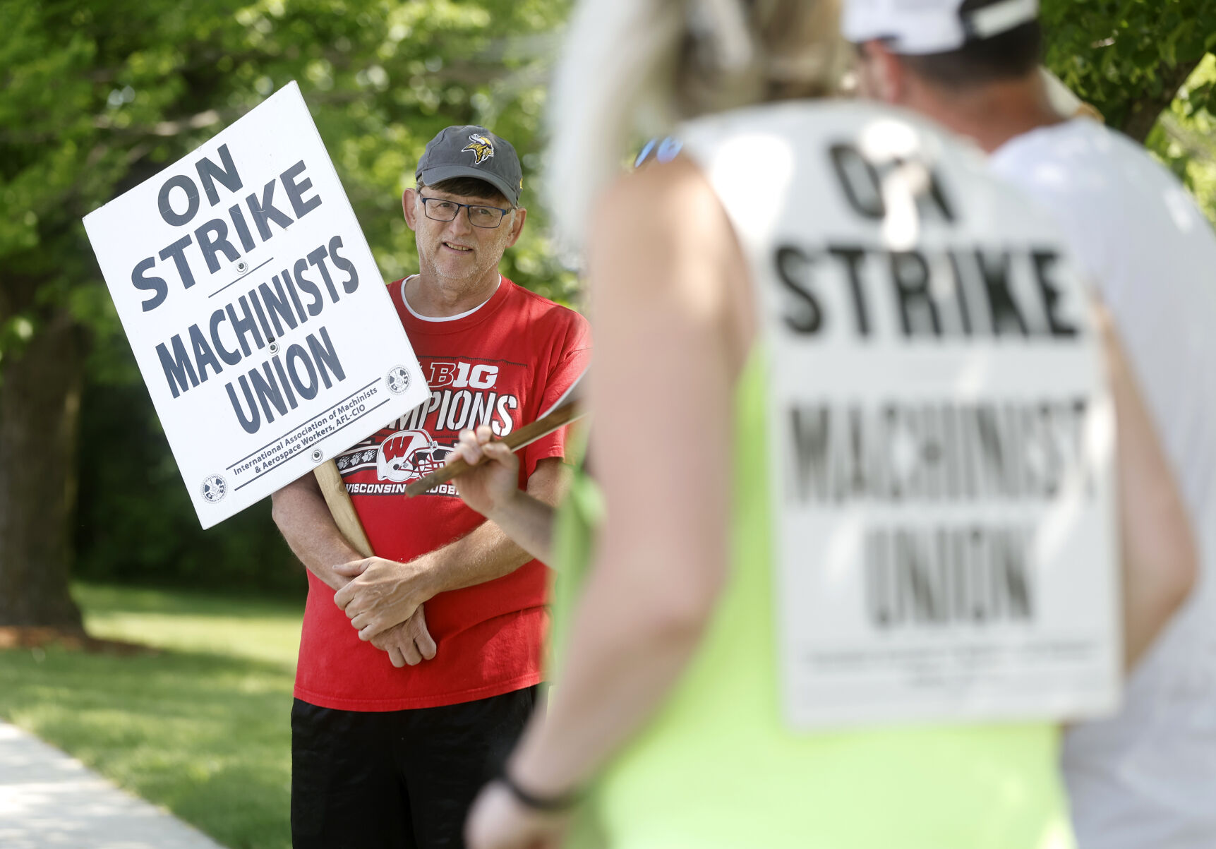 Chuck Hoppman, an employee at A.Y. McDonald Mfg. Co., pickets outside the facility on Chavenelle Road in Dubuque on Thursday, June 1, 2023.    PHOTO CREDIT: JESSICA REILLY