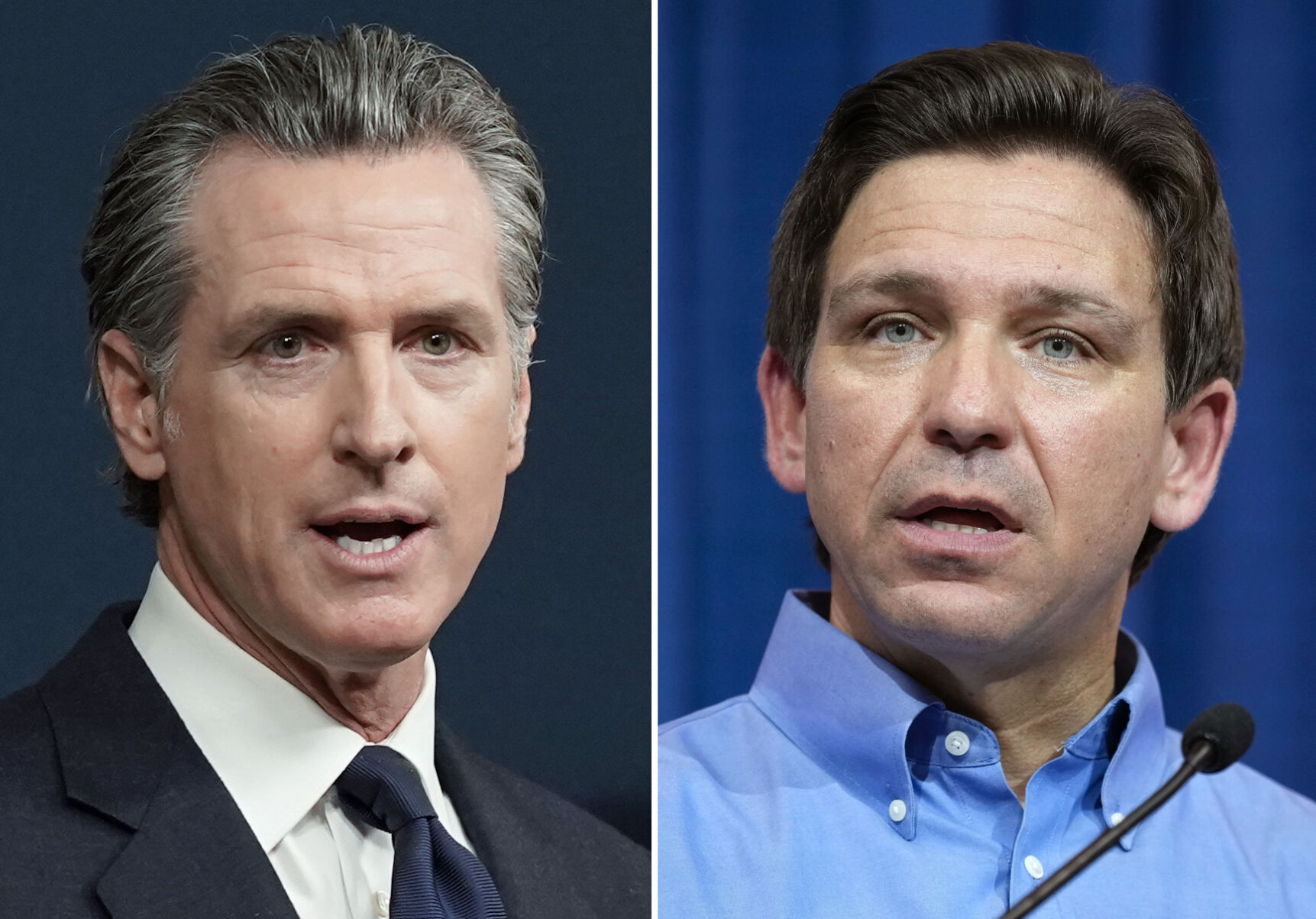 <p>FILE - This combination of photos shows California Gov. Gavin Newsom speaking in Sacramento, Calif., on June 24, 2022, left, and Florida Gov. Ron DeSantis speaking in Sioux Center, Iowa, May 13, 2023, right. (AP Photo, File)</p>   PHOTO CREDIT: AP photo