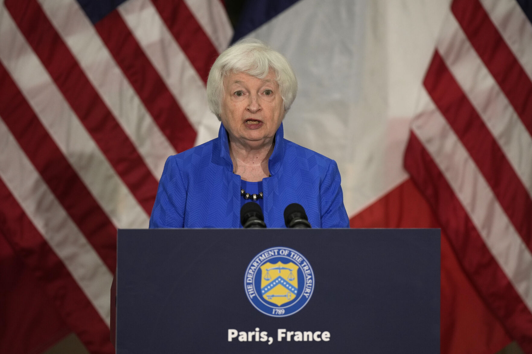 <p>U.S. Treasury Secretary Janet Yellen delivers her speech at the U.S embassy to France, ahead of the Global Climate Finance conference, Thursday, June 22, 2023 in Paris. World leaders, heads of international organizations and activists are gathering in Paris for a two-day summit aimed at seeking better responses to tackle poverty and climate change issues by reshaping the global financial system. (AP Photo/Lewis Joly, Pool)</p>   PHOTO CREDIT: Lewis Joly