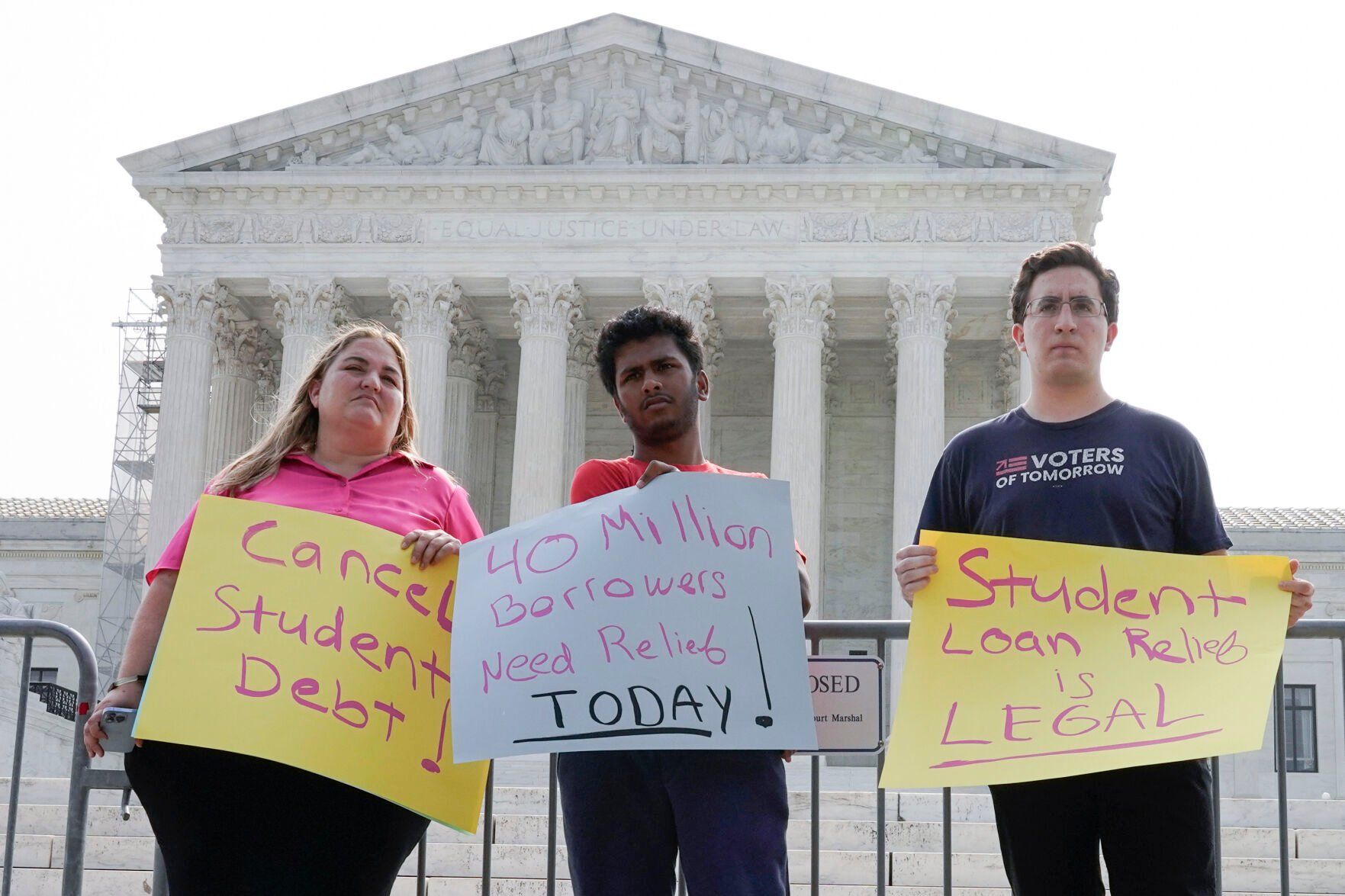 <p>People in favor of canceling student debt protest outside the Supreme Court, Friday, June 30, 2023, as decisions are expected in Washington. (AP Photo/Mariam Zuhaib)</p>   PHOTO CREDIT: Mariam Zuhaib - staff, AP