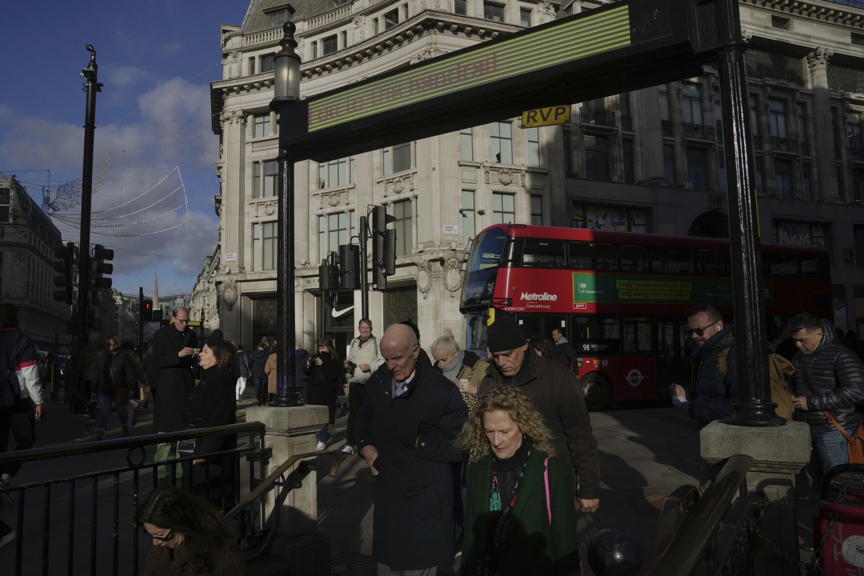 <p>FILE - People walk along a street in a shopping district in central London, on Jan. 13, 2023. Wages in the U.K. are still rising at record highs, official figures showed Tuesday, July 11, 2023 as inflation remains stubbornly high. (AP Photo/Kin Cheung, File)</p>   PHOTO CREDIT: Kin Cheung 