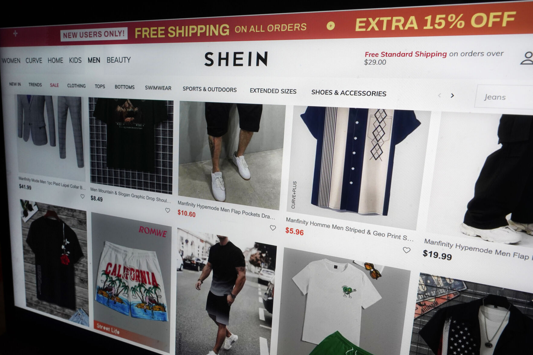 <p>FILE - A page from the Shein website is shown in this photo, in New York on June 23, 2023. Chinese e-commerce retailer Temu has filed a lawsuit accusing its rival Shein of violating U.S. antitrust law by blocking clothing manufacturers from working with Temu. (AP Photo/Richard Drew, File)</p>   PHOTO CREDIT: Richard Drew