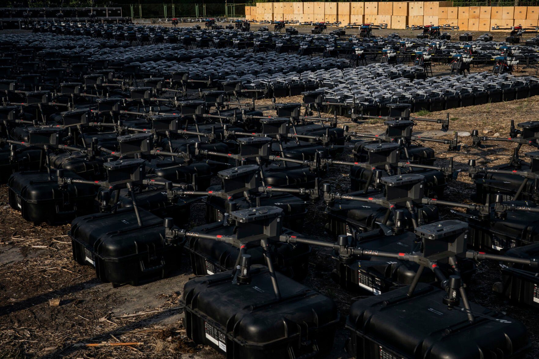 <p>1700 drones are displayed before being sent to the frontline, to be used against Russian forces in Kyiv, Ukraine, Tuesday, July 25, 2023. (AP Photo/Libkos)</p>   PHOTO CREDIT: Libkos 