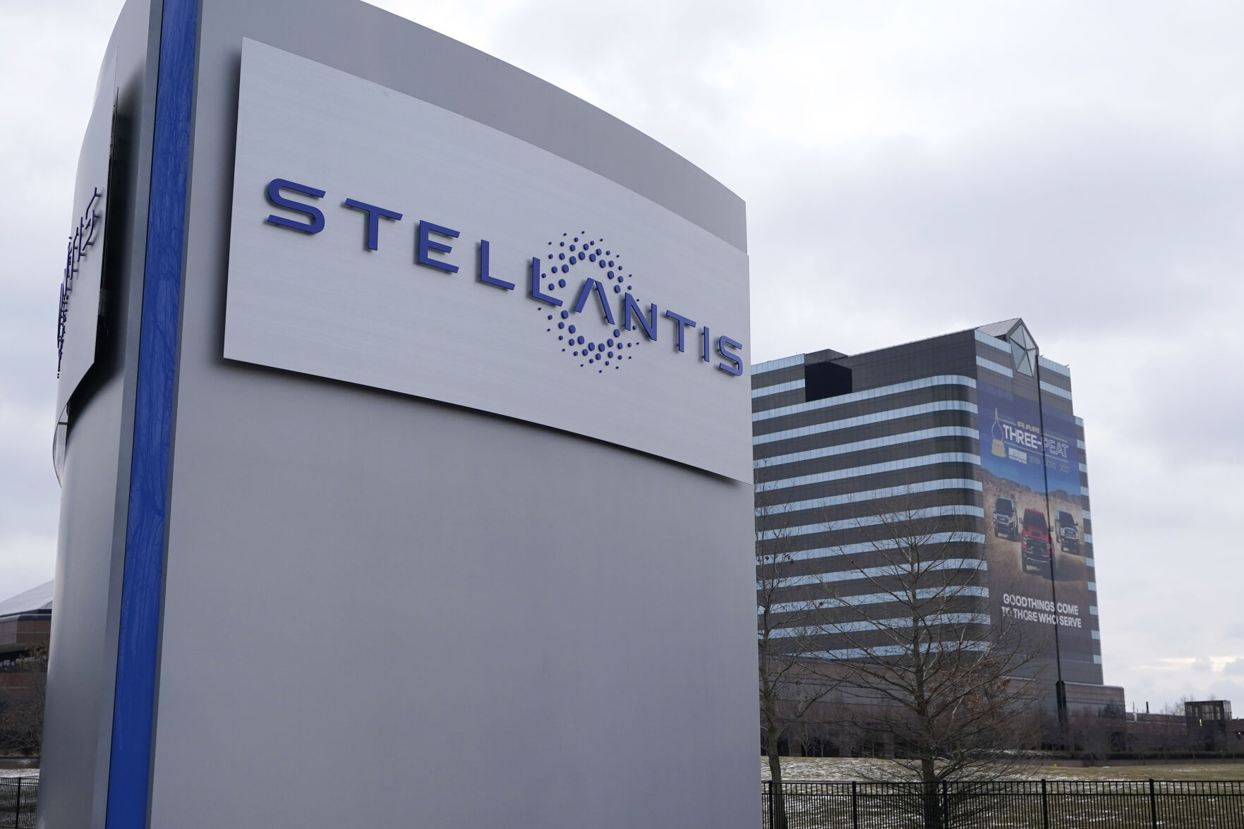 <p>FILE - The Stellantis sign is seen outside the Chrysler Technology Center in Auburn Hills, Mich, Jan. 19, 2021. Stellantis CEO Carlos Tavares on Wednesday, July 26, 2023 dangled the possibility of relaunching a shuttered Illinois factory if it can be made more competitive as the United Auto Workers Union threatens a strike. (AP Photo/Carlos Osorio, File)</p>   PHOTO CREDIT: Carlos Osorio