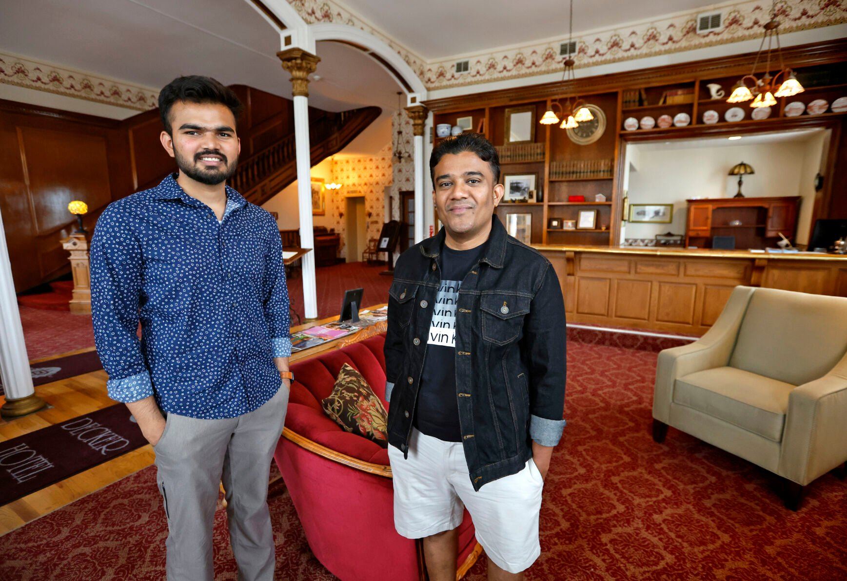 Owner Mihir “Mike” Patel (right) and his business partner Maher Patel stand at the Decker House Hotel in Maquoketa, Iowa.    PHOTO CREDIT: JESSICA REILLY