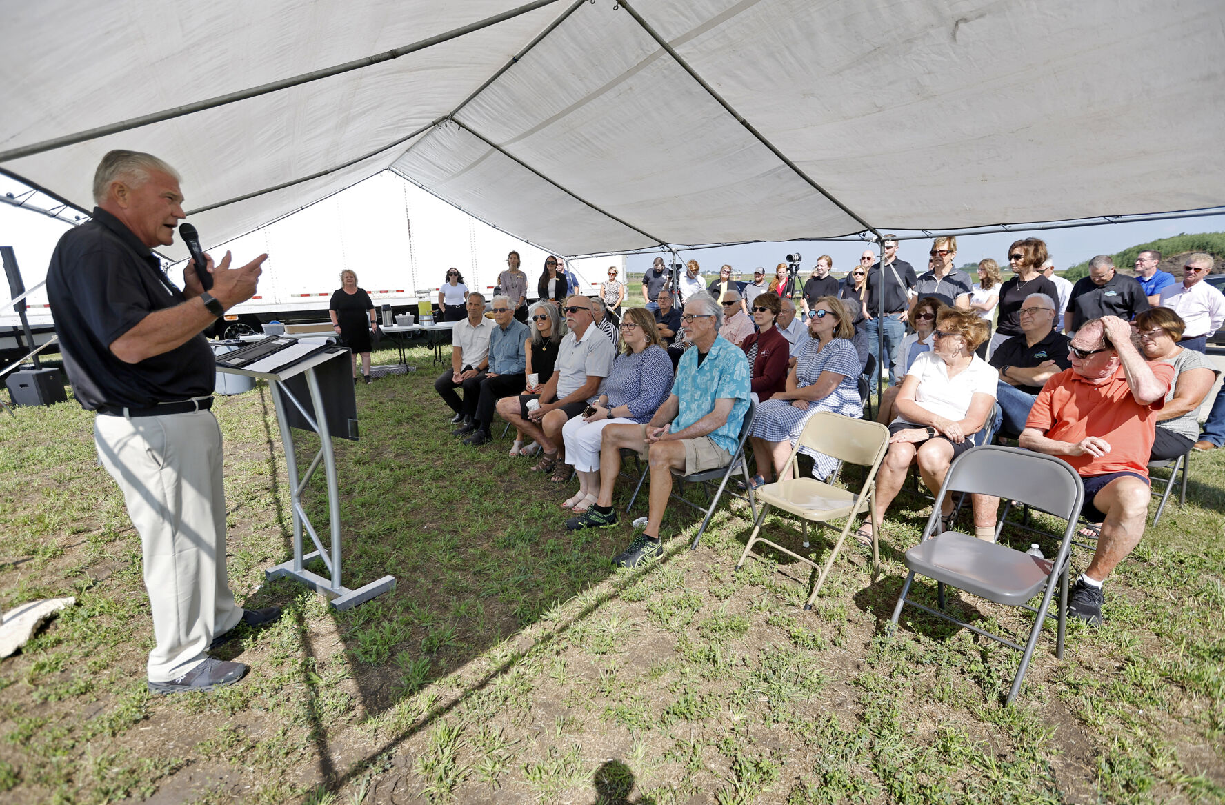 Steve Salter, president of the Dyersville Economic Development Corp. board of directors, speaks during a press conference at the future site of Michael and Jean Knepper Child Care Center in Dyersville, Iowa, on Thursday, Aug. 17, 2023.    PHOTO CREDIT: JESSICA REILLY